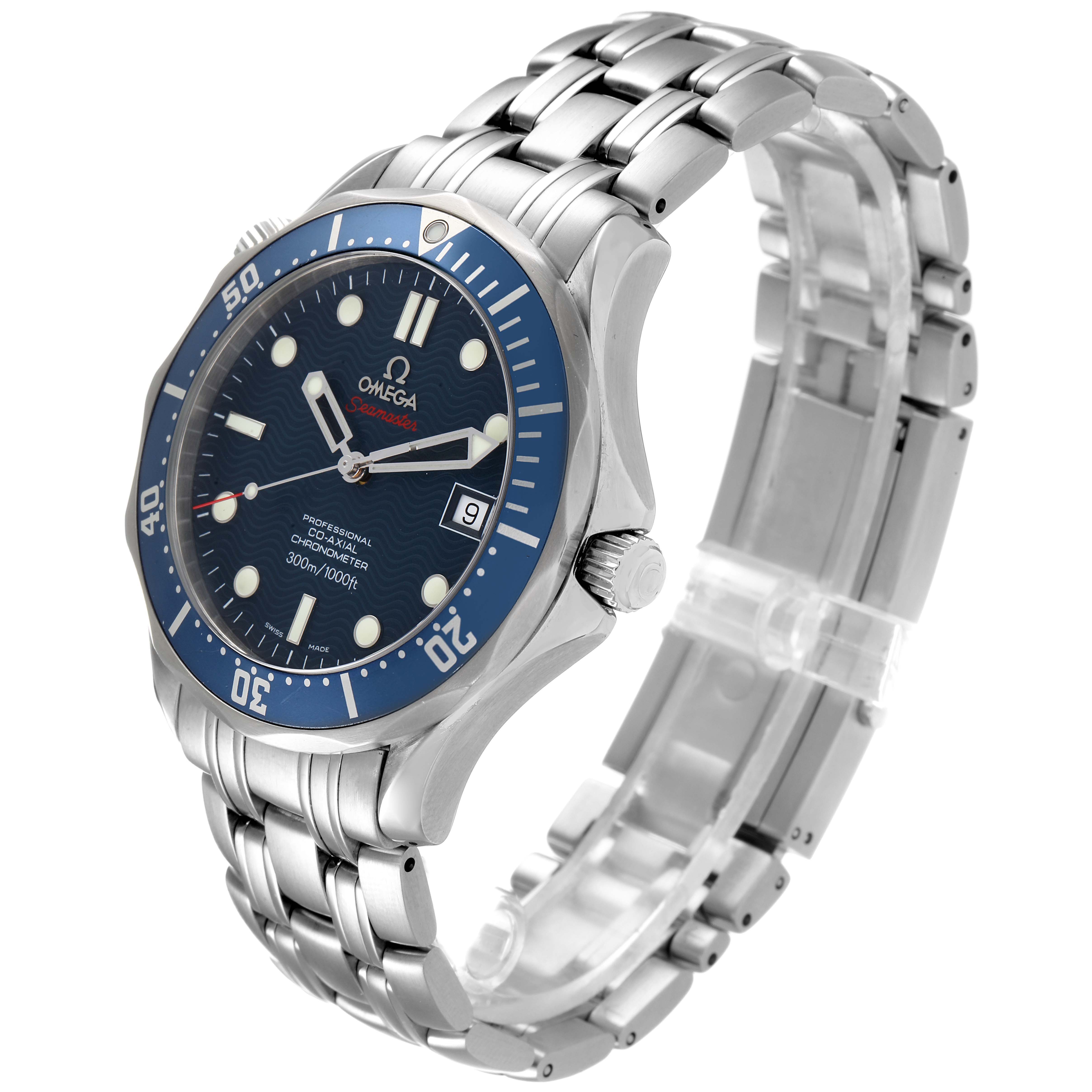 The Omega Seamaster 2220.80.00 Men
s Stainless Steel Blue Dial 2220.80.00 Men
s Stainless Steel Blue Dial watch is shown from an angled view, displaying its blue dial, bezel, crown, and metal bracelet.