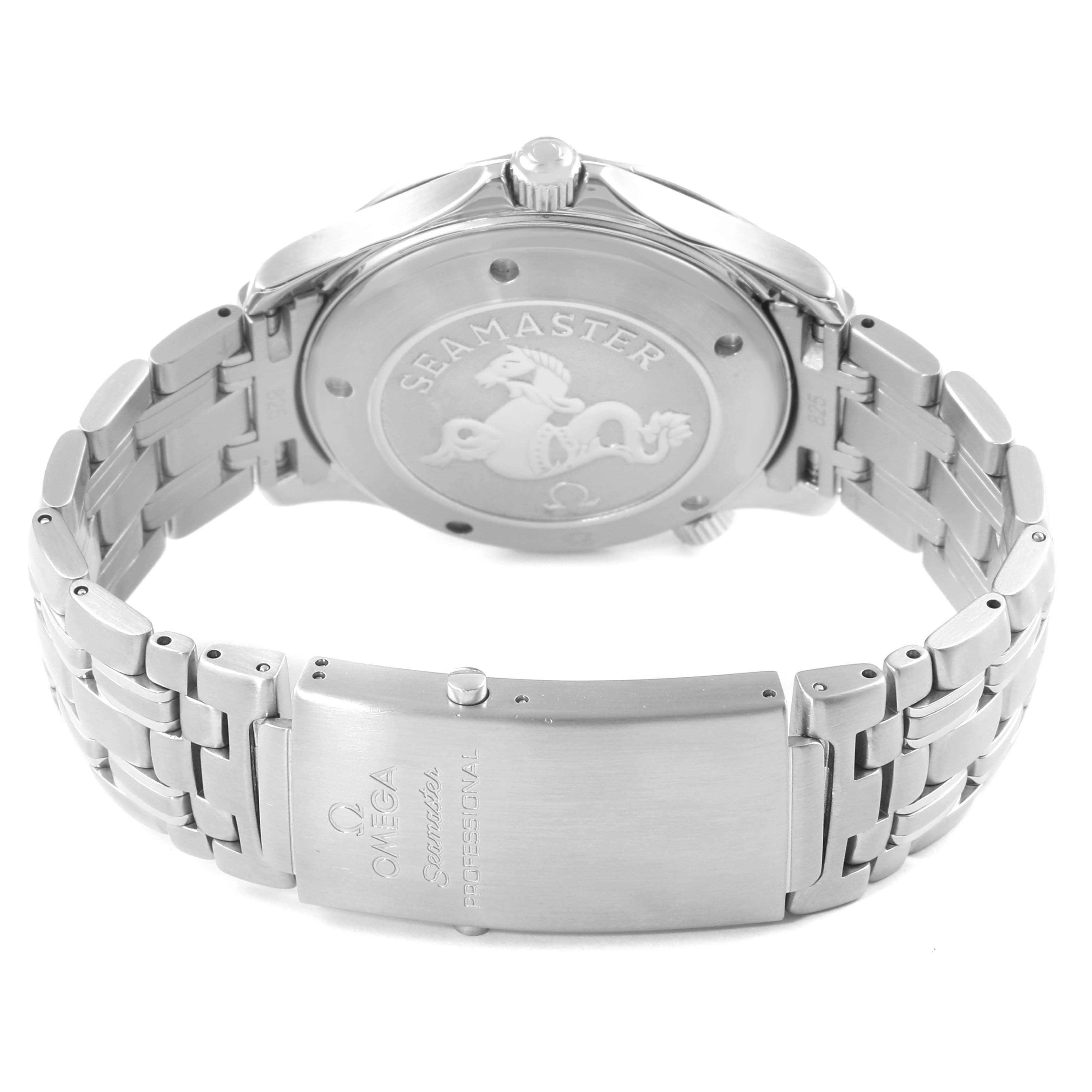 The image shows the back case and bracelet of an Omega Seamaster 2220.80.00 Men
s Stainless Steel Blue Dial 2220.80.00 Men
s Stainless Steel Blue Dial watch.