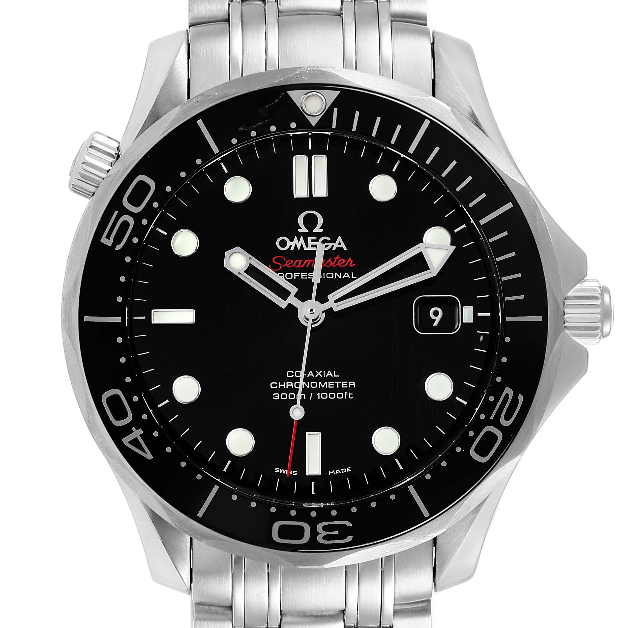 This Omega Seamaster 212.30.41.20.01.003 Men's Stainless Steel Black Dial 212.30.41.20.01.003 Men's Stainless Steel Black Dial watch is shown from a front angle, highlighting its black dial, bezel, luminous markers, and stainless steel bracelet.