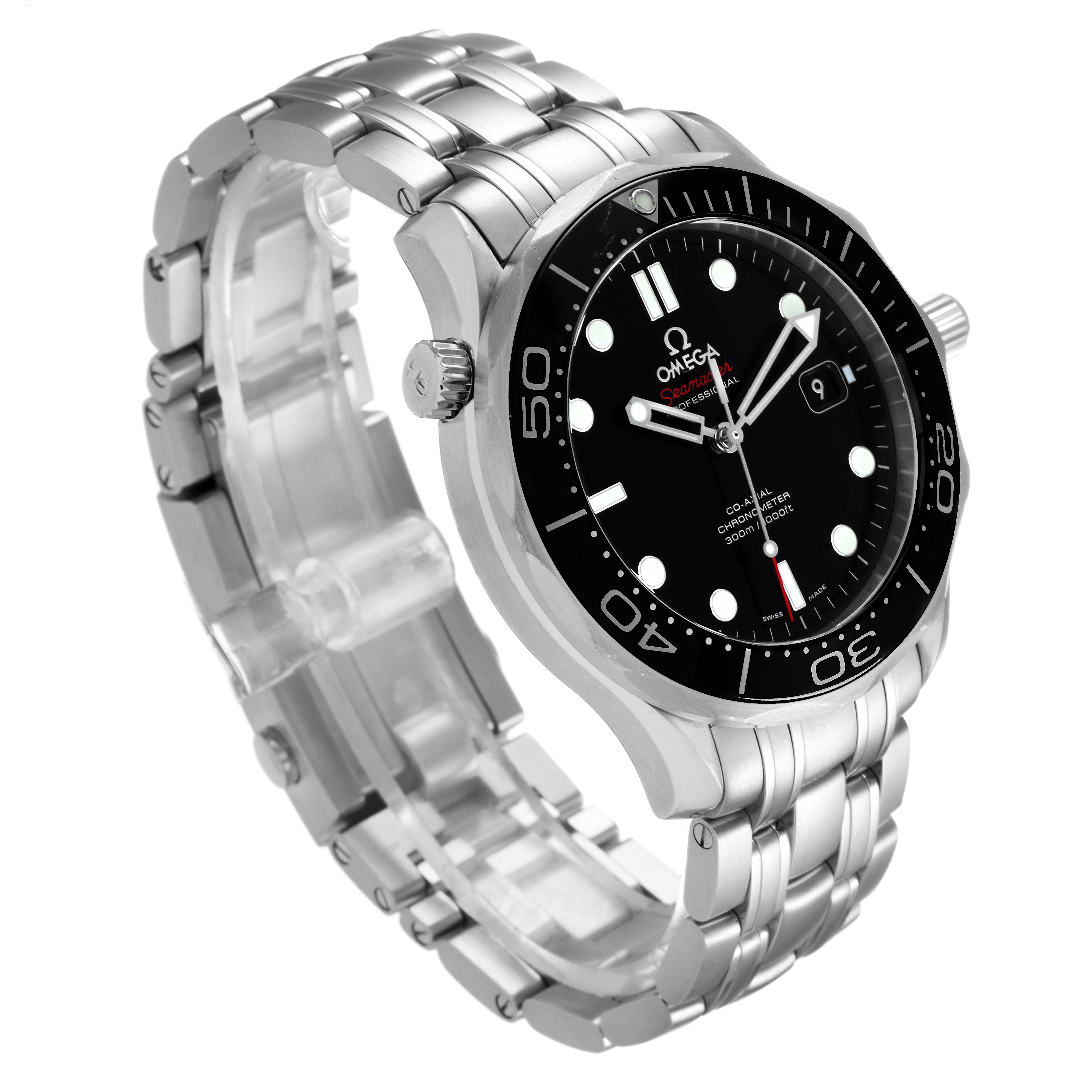 The image shows an angled view of the Omega Seamaster 212.30.41.20.01.003 Men's Stainless Steel Black Dial 212.30.41.20.01.003 Men's Stainless Steel Black Dial watch, highlighting its bracelet, bezel, crown, and dial.