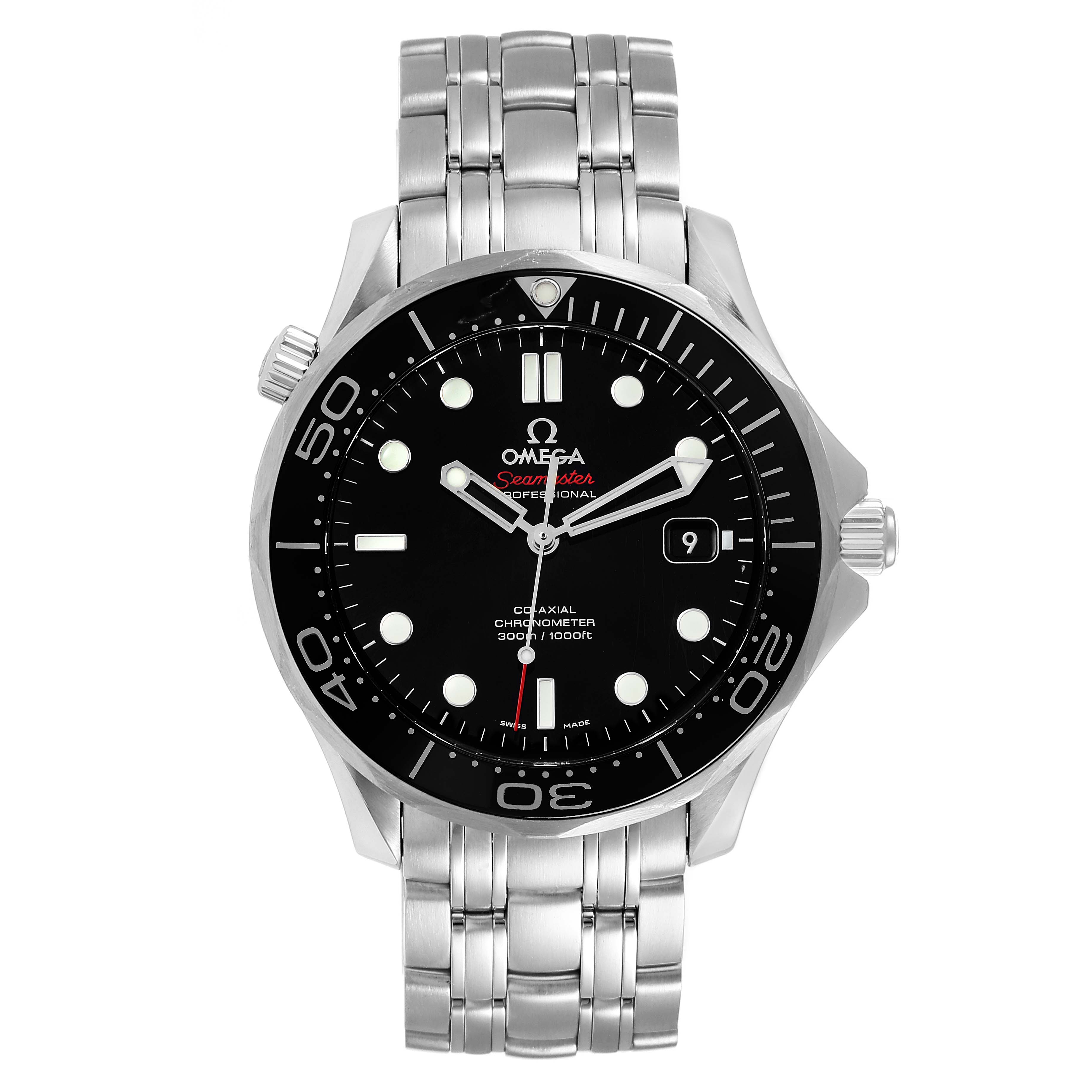 The Omega Seamaster 212.30.41.20.01.003 Men's Stainless Steel Black Dial 212.30.41.20.01.003 Men's Stainless Steel Black Dial watch is shown from the front, displaying the dial, bezel, and metal bracelet.
