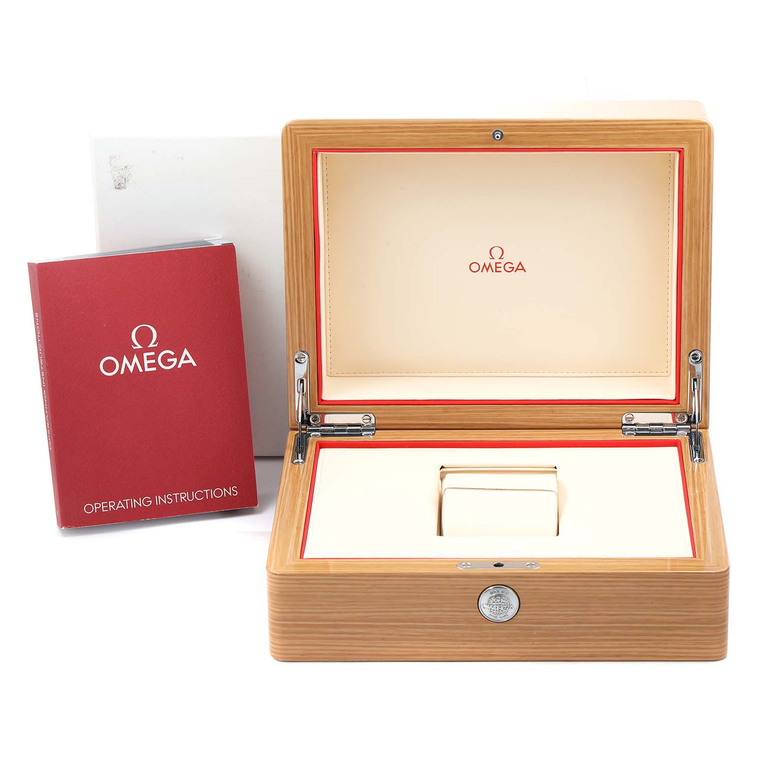 The image shows an Omega Seamaster 212.30.41.20.01.003 Men's Stainless Steel Black Dial 212.30.41.20.01.003 Men's Stainless Steel Black Dial watch box and operating instructions from a front angle.