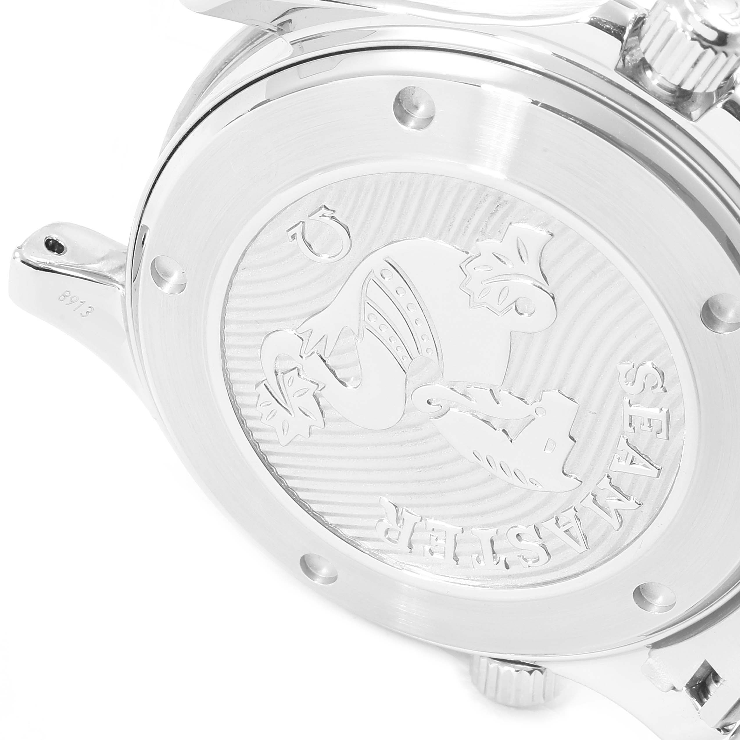 This image shows the back case and part of the lugs and crown of an Omega Seamaster 212.30.41.20.01.003 Men's Stainless Steel Black Dial 212.30.41.20.01.003 Men's Stainless Steel Black Dial watch.