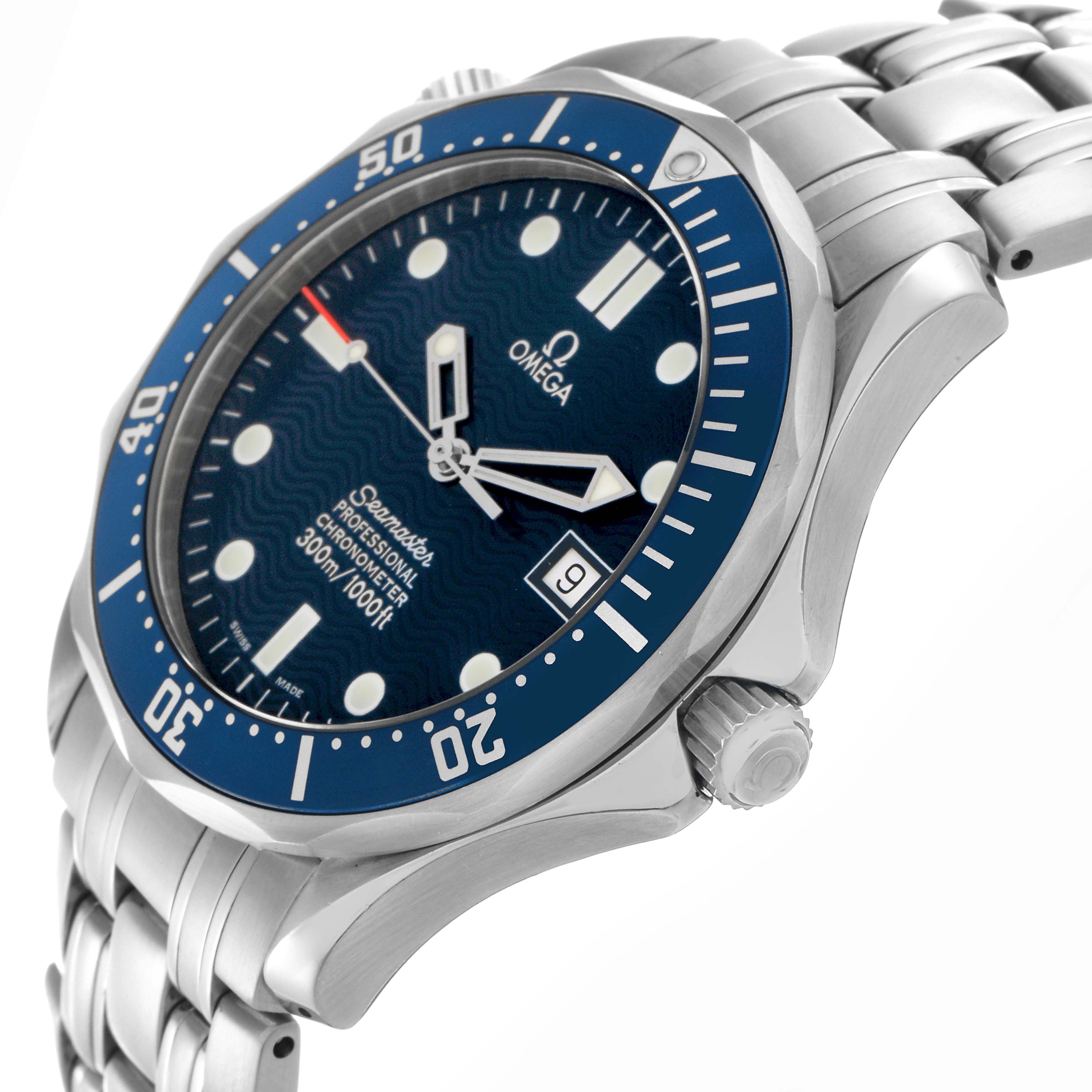 The Omega Seamaster 2531.80.00 Men
s Stainless Steel Blue Dial 2531.80.00 Men
s Stainless Steel Blue Dial watch is shown at a three-quarter angle, highlighting the bezel, dial, bracelet, and crown.