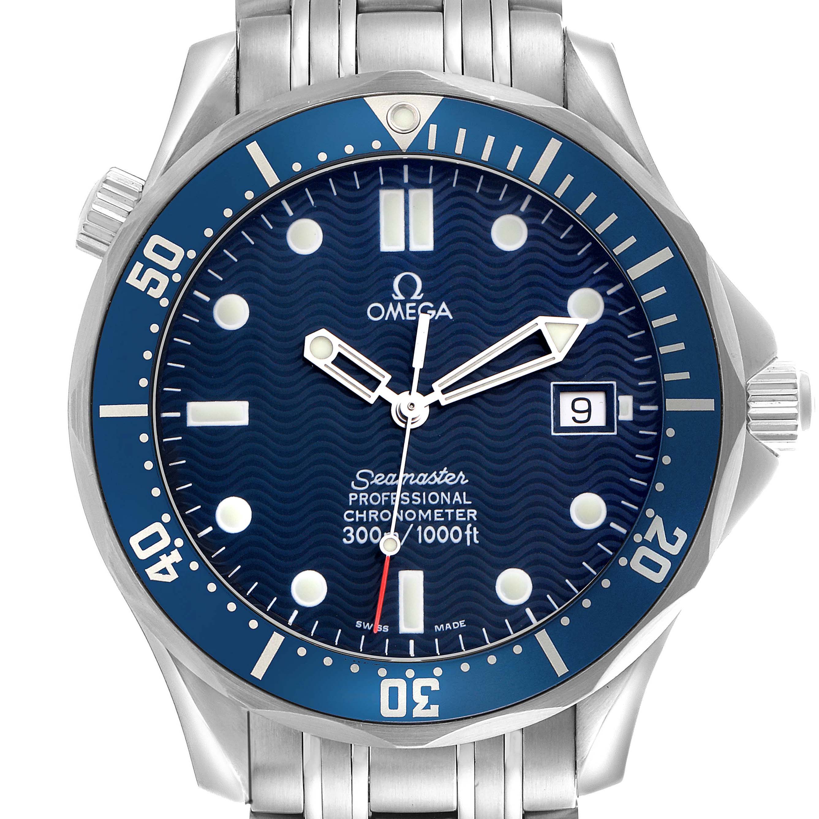 The Omega Seamaster 2531.80.00 Men
s Stainless Steel Blue Dial 2531.80.00 Men
s Stainless Steel Blue Dial watch is shown from the front, displaying the face, bezel, and part of the bracelet.