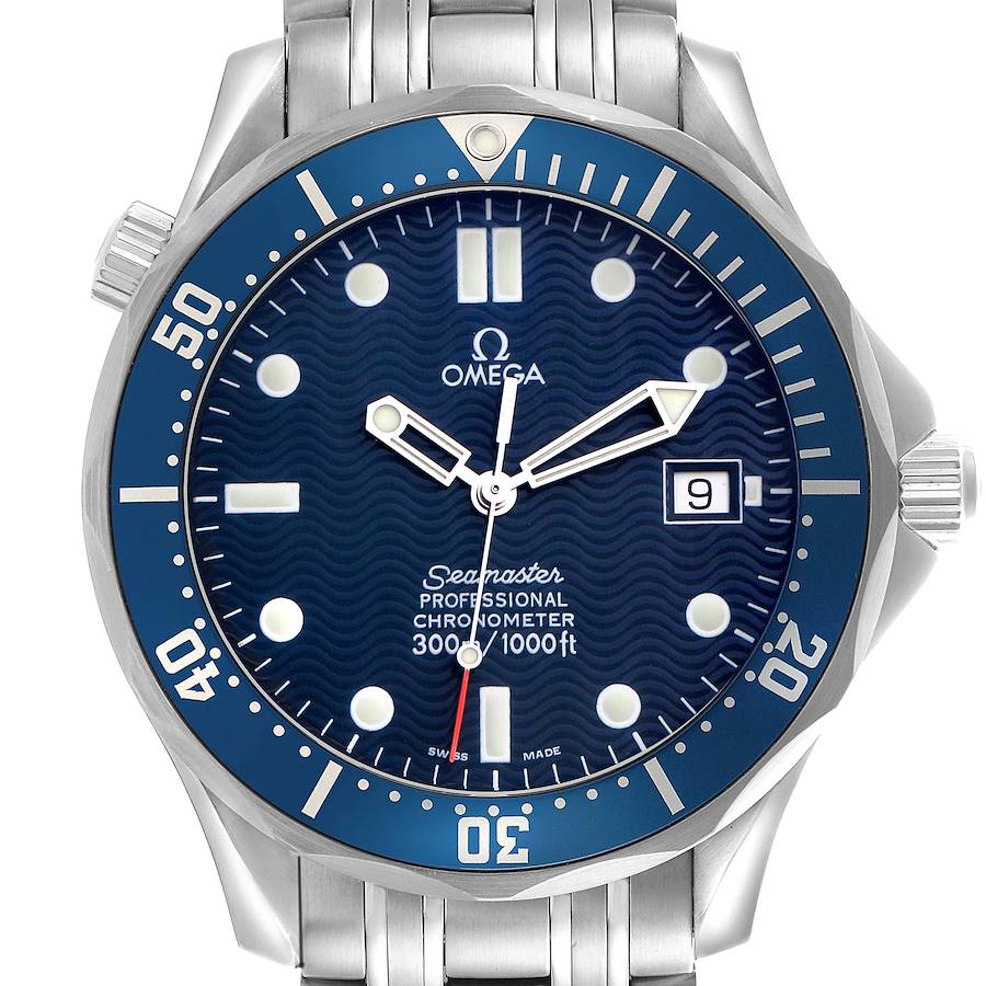 The Omega Seamaster watch is shown from the front, displaying the face, bezel, and part of the bracelet.