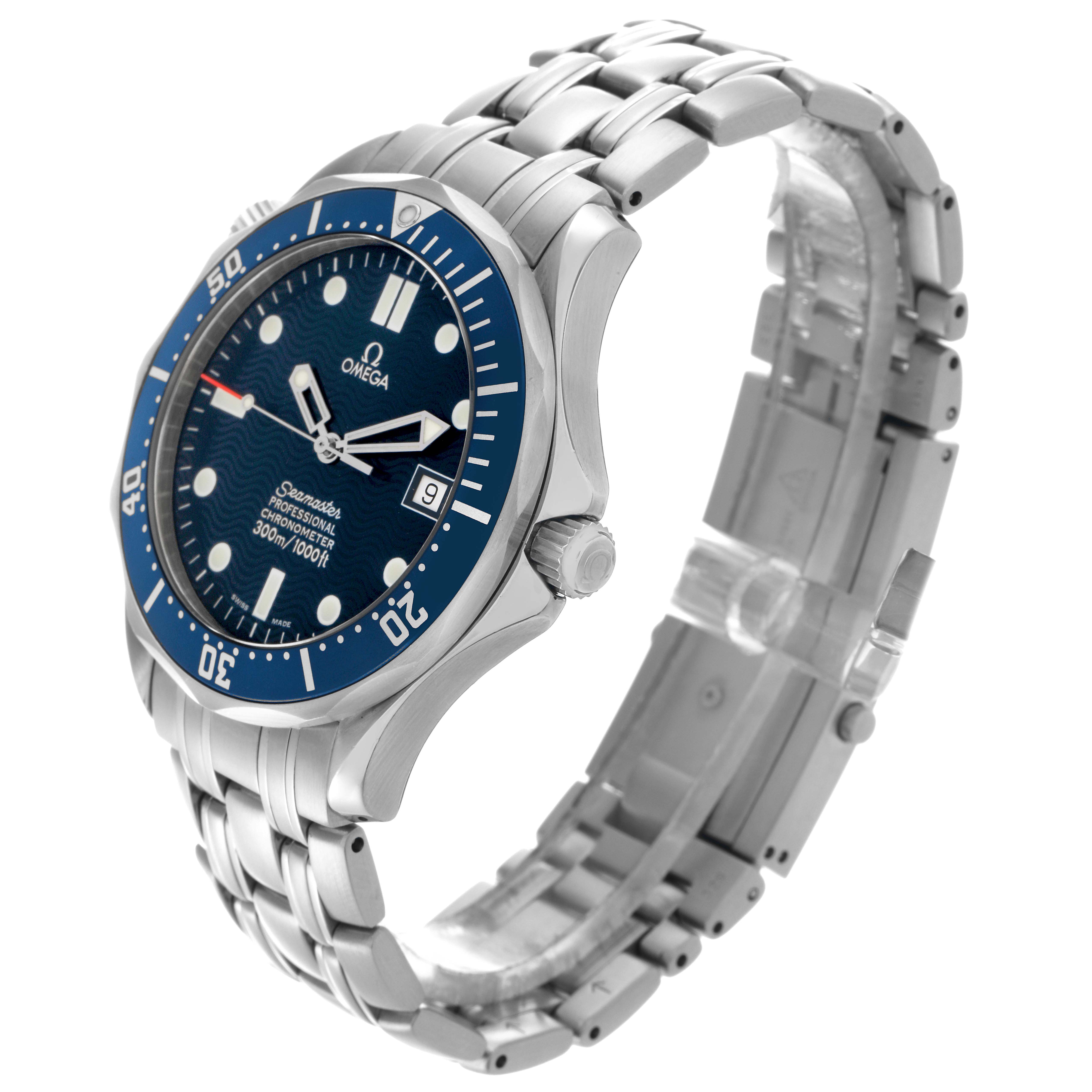 The Omega Seamaster 2531.80.00 Men
s Stainless Steel Blue Dial 2531.80.00 Men
s Stainless Steel Blue Dial is shown from a three-quarter angle, displaying the dial, bezel, crown, and bracelet clearly.