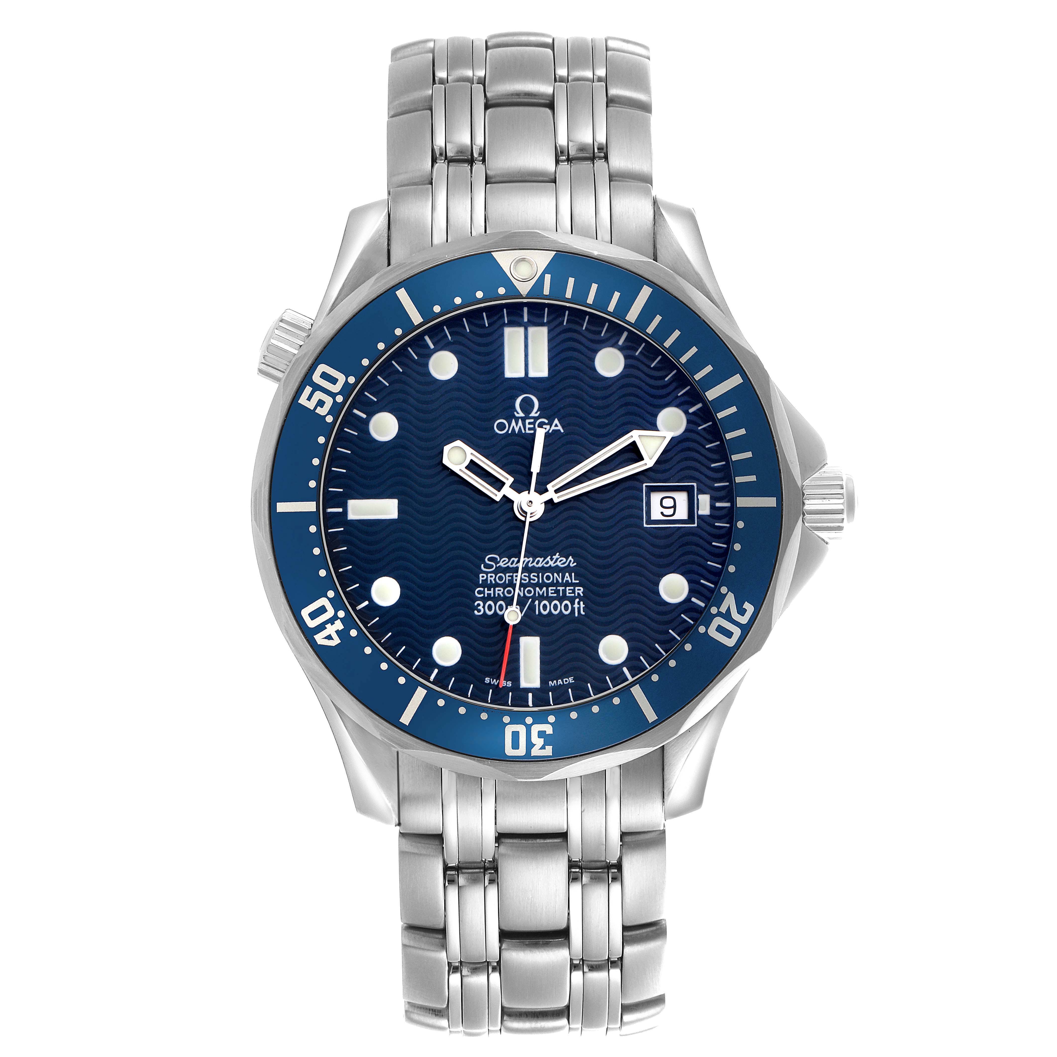 The Omega Seamaster 2531.80.00 Men
s Stainless Steel Blue Dial 2531.80.00 Men
s Stainless Steel Blue Dial watch is shown from the front, displaying the dial, bezel, hands, and bracelet.