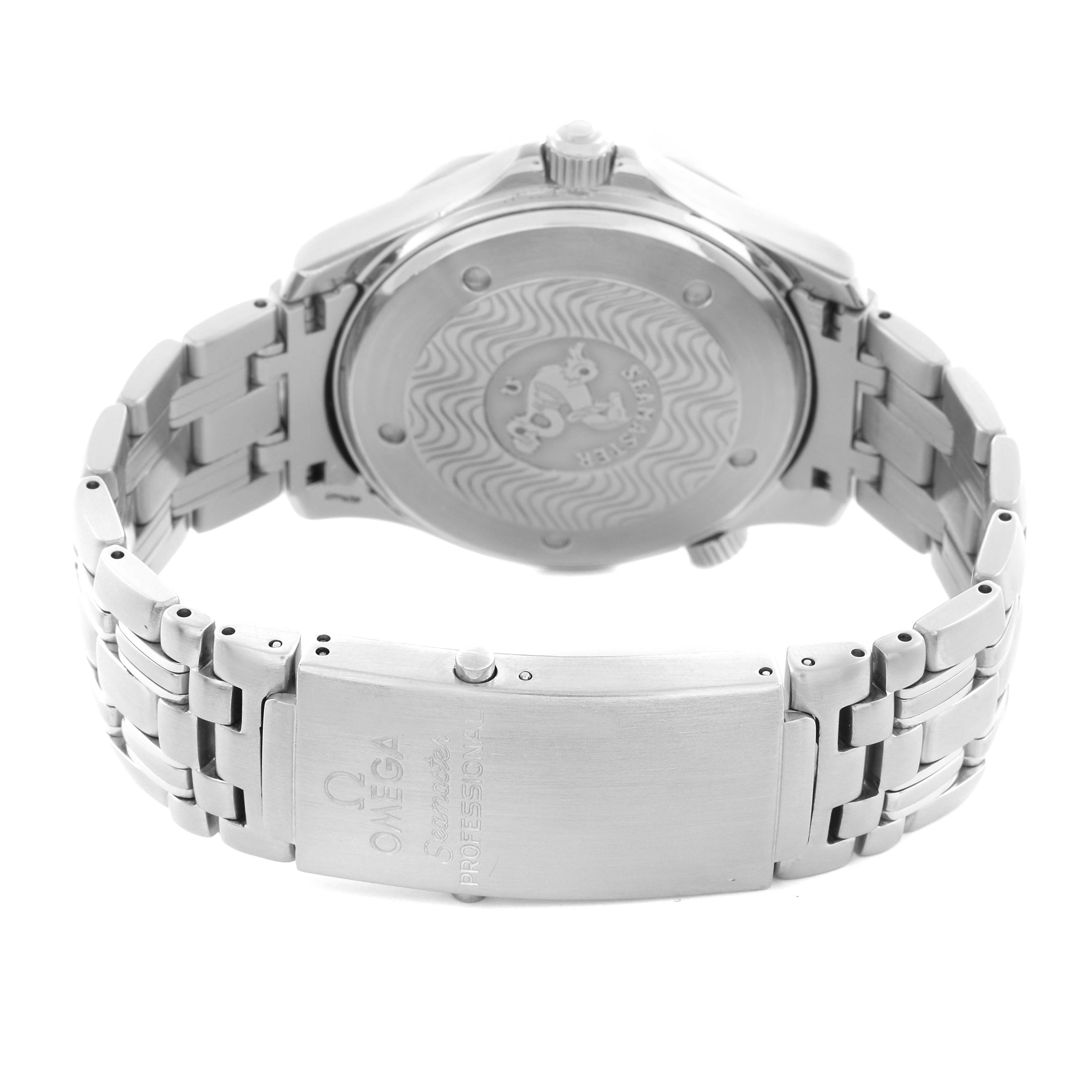 The Omega Seamaster 2531.80.00 Men
s Stainless Steel Blue Dial 2531.80.00 Men
s Stainless Steel Blue Dial watch is shown from the back, highlighting its case back and stainless steel bracelet.