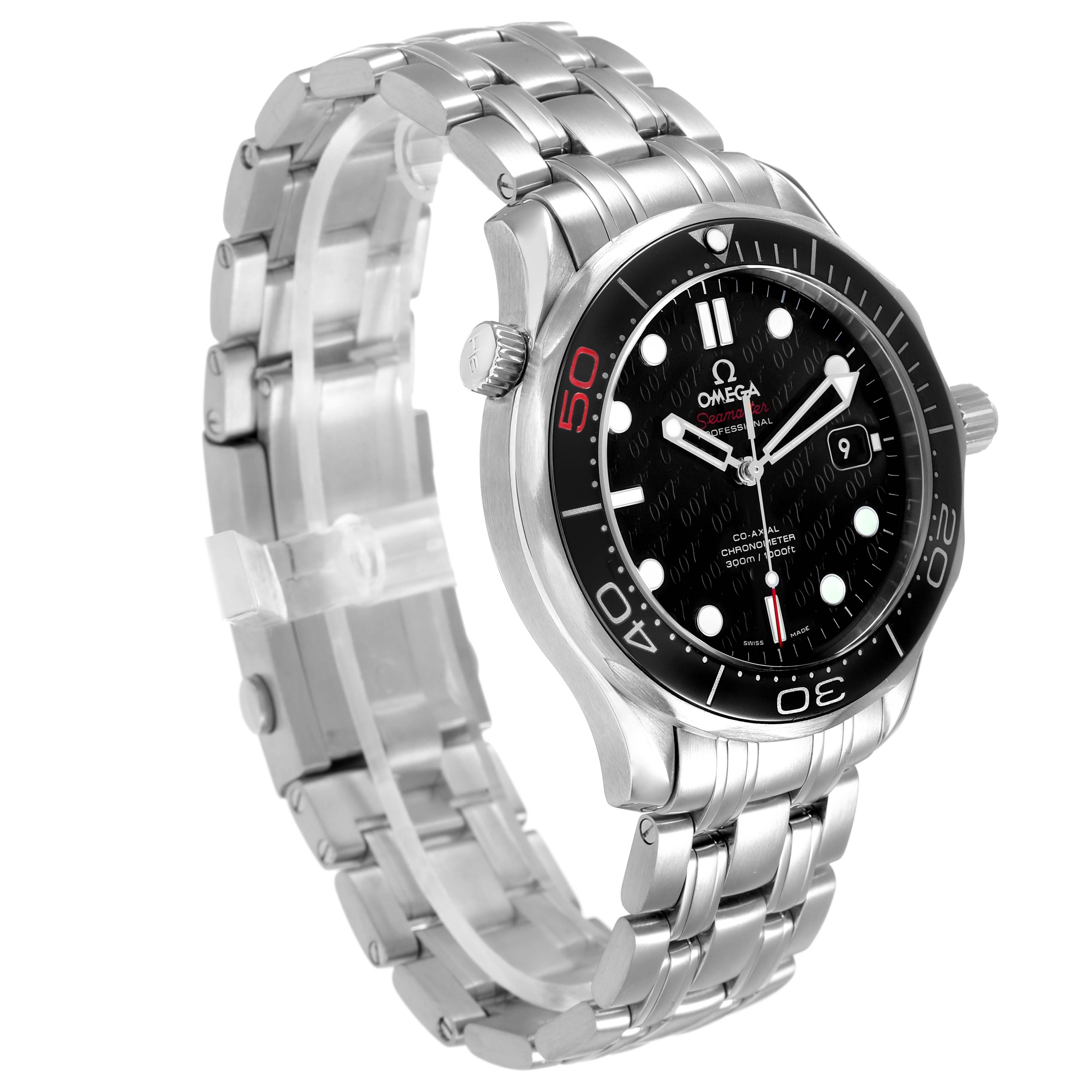 The Omega Seamaster 212.30.41.20.01.005 Men's Stainless Steel Black Dial watch is shown at a three-quarter angle, highlighting the face, bezel, and bracelet.