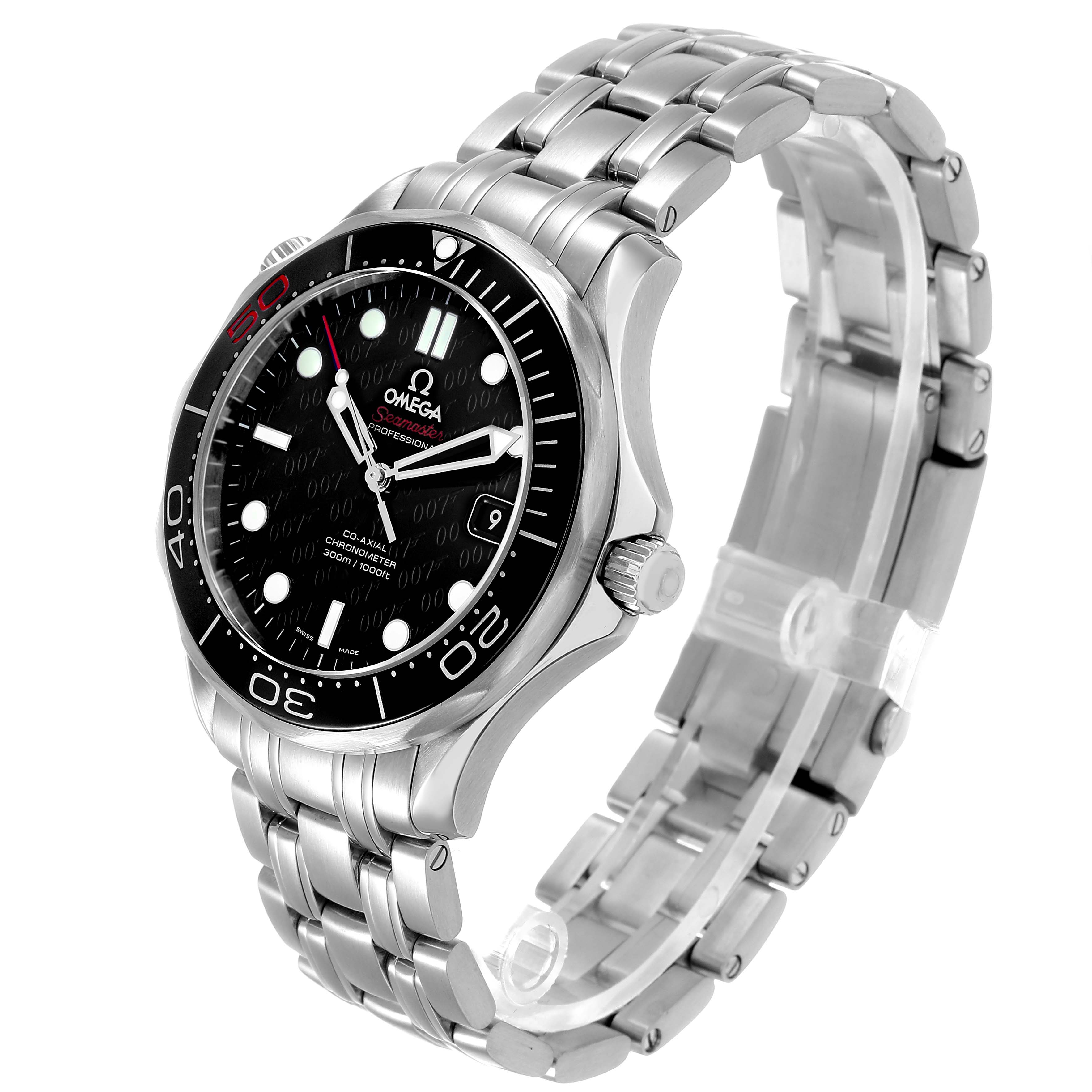The Omega Seamaster 212.30.41.20.01.005 Men's Stainless Steel Black Dial watch is shown at a three-quarter angle highlighting the dial, bezel, crown, and metal bracelet.