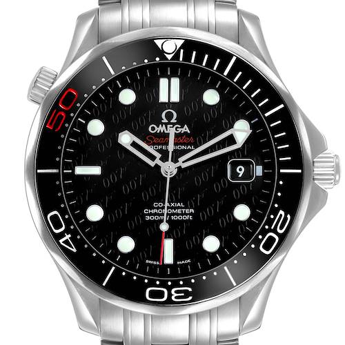 The image shows a front view of the Omega Seamaster 212.30.41.20.01.005 Men's Stainless Steel Black Dial watch, highlighting the dial, bezel, and bracelet.