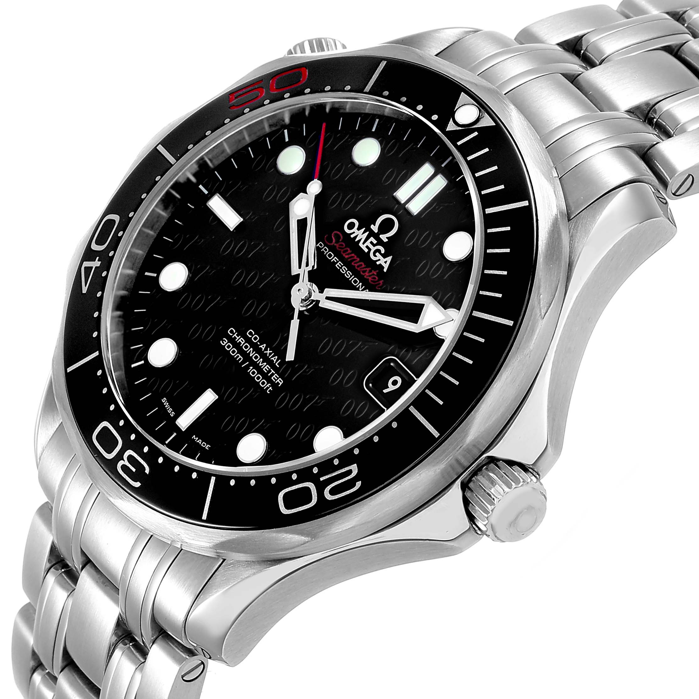 The Omega Seamaster 212.30.41.20.01.005 Men's Stainless Steel Black Dial watch is shown at an angled view highlighting the dial, bezel, crown, and bracelet.