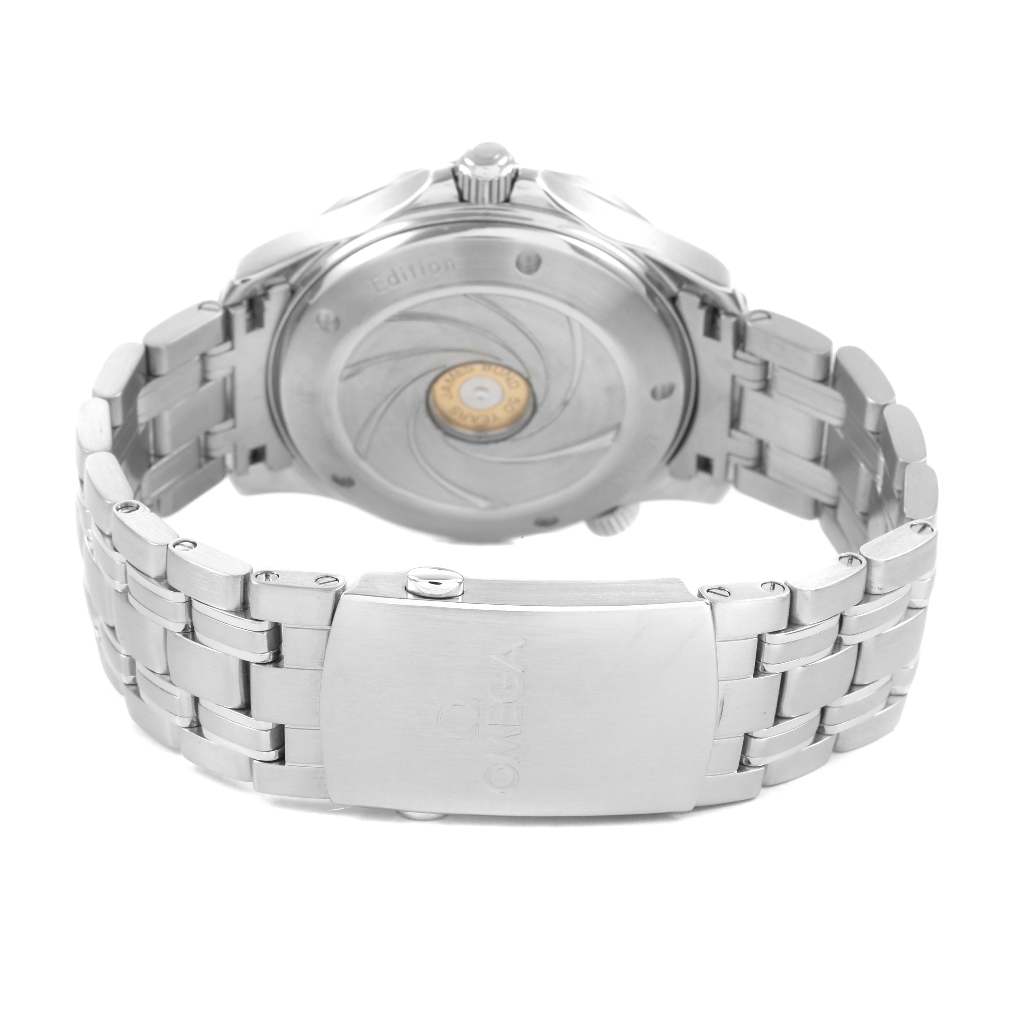 The Omega Seamaster 212.30.41.20.01.005 Men's Stainless Steel Black Dial watch is shown from the back, displaying the case back and metal bracelet with a visible clasp.