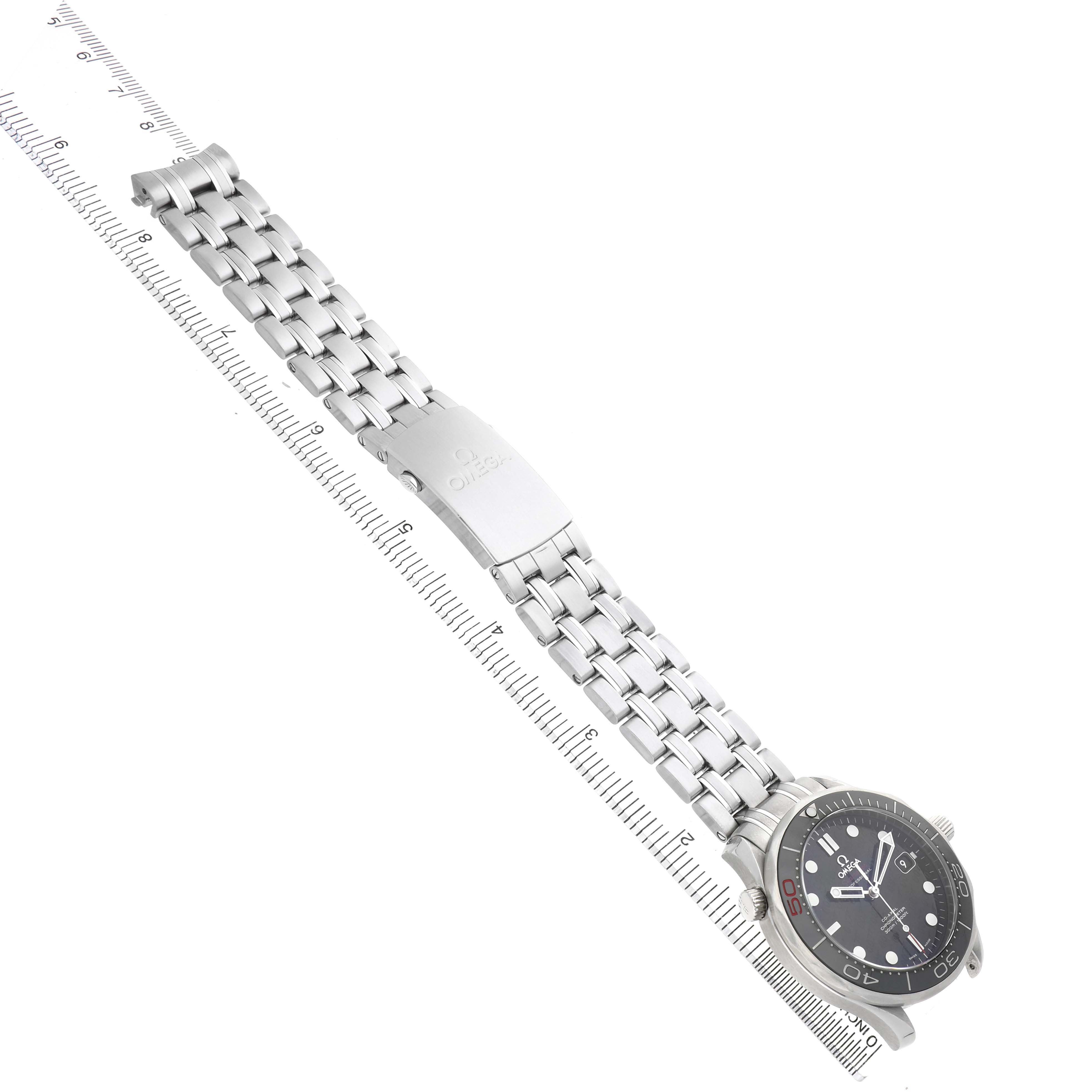 The Omega Seamaster 212.30.41.20.01.005 Men's Stainless Steel Black Dial watch is shown at an angled top view, highlighting the bracelet, clasp, and watch face.