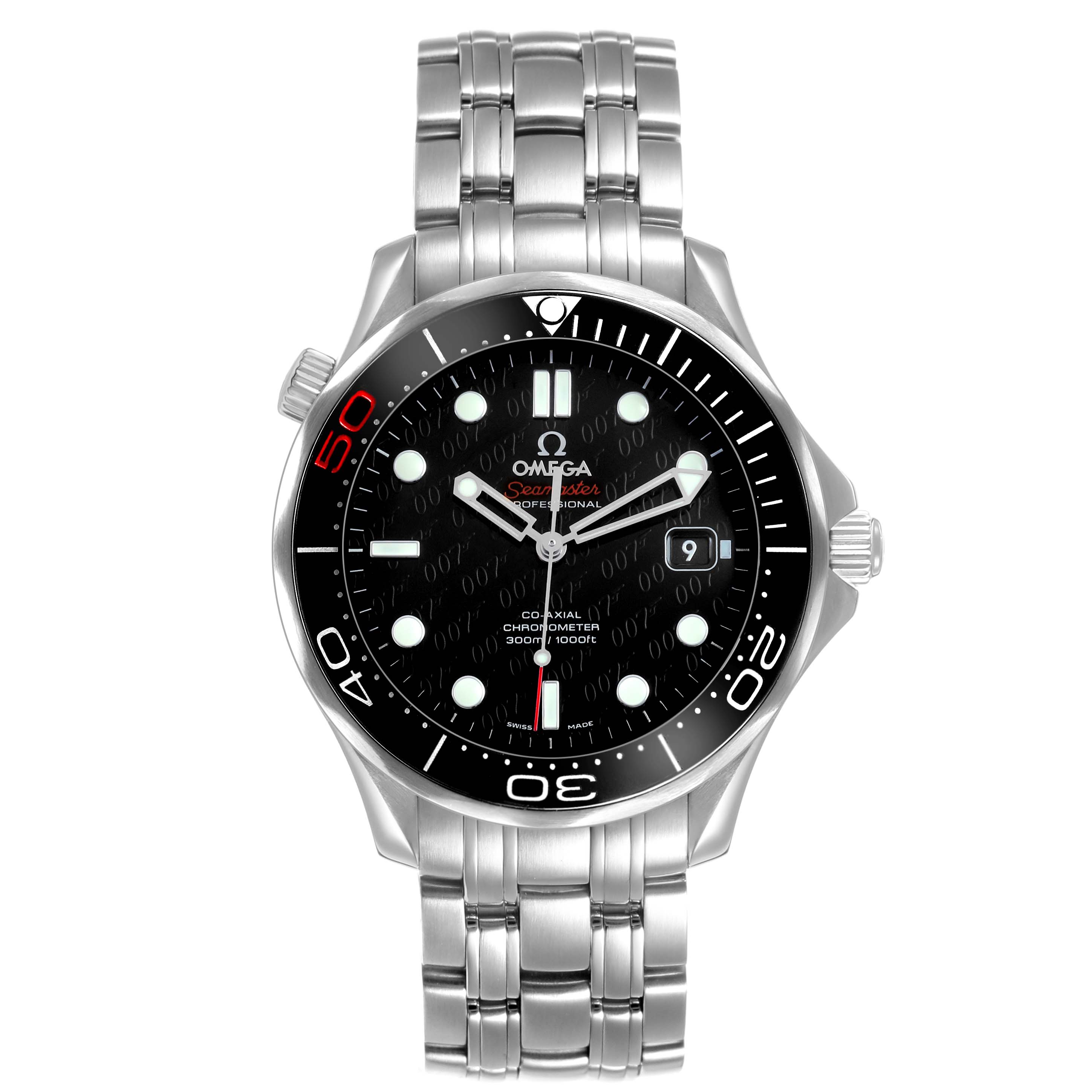 The Omega Seamaster 212.30.41.20.01.005 Men's Stainless Steel Black Dial watch is shown from the front, displaying its dial, bezel, and stainless steel bracelet.