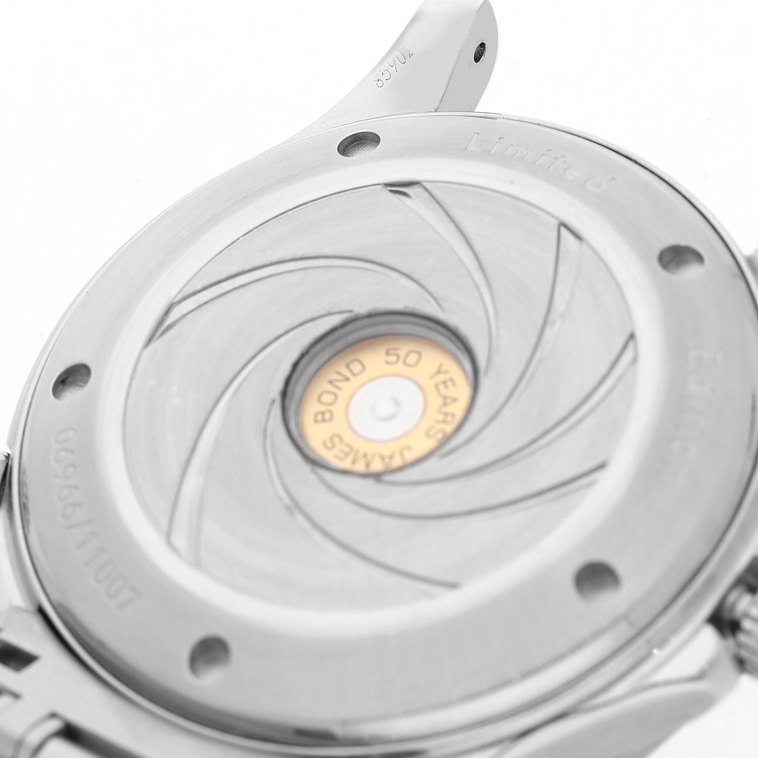 The image shows the back casing of an Omega Seamaster 212.30.41.20.01.005 Men's Stainless Steel Black Dial, featuring a special "Bond 50 Years" engraving.