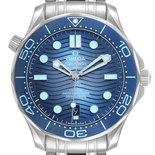 The Omega Seamaster 210.30.42.20.03.003 Men's Stainless Steel Blue Dial watch is shown from the front, highlighting its blue wave dial, hands, markers, and stainless steel bracelet.