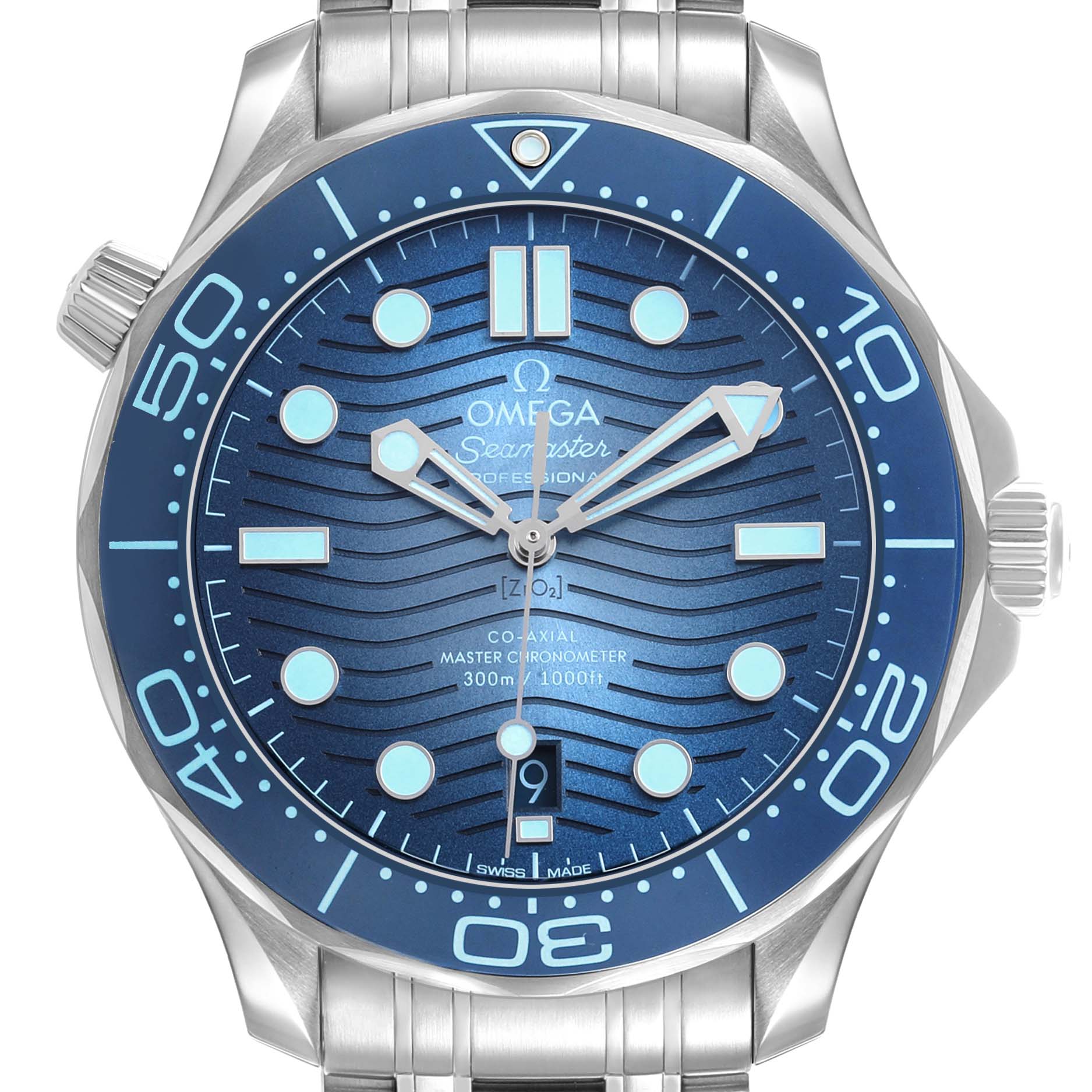 The Omega Seamaster 210.30.42.20.03.003 Men's Stainless Steel Blue Dial watch is shown from the front, displaying the dial, bezel, hands, and part of the bracelet.