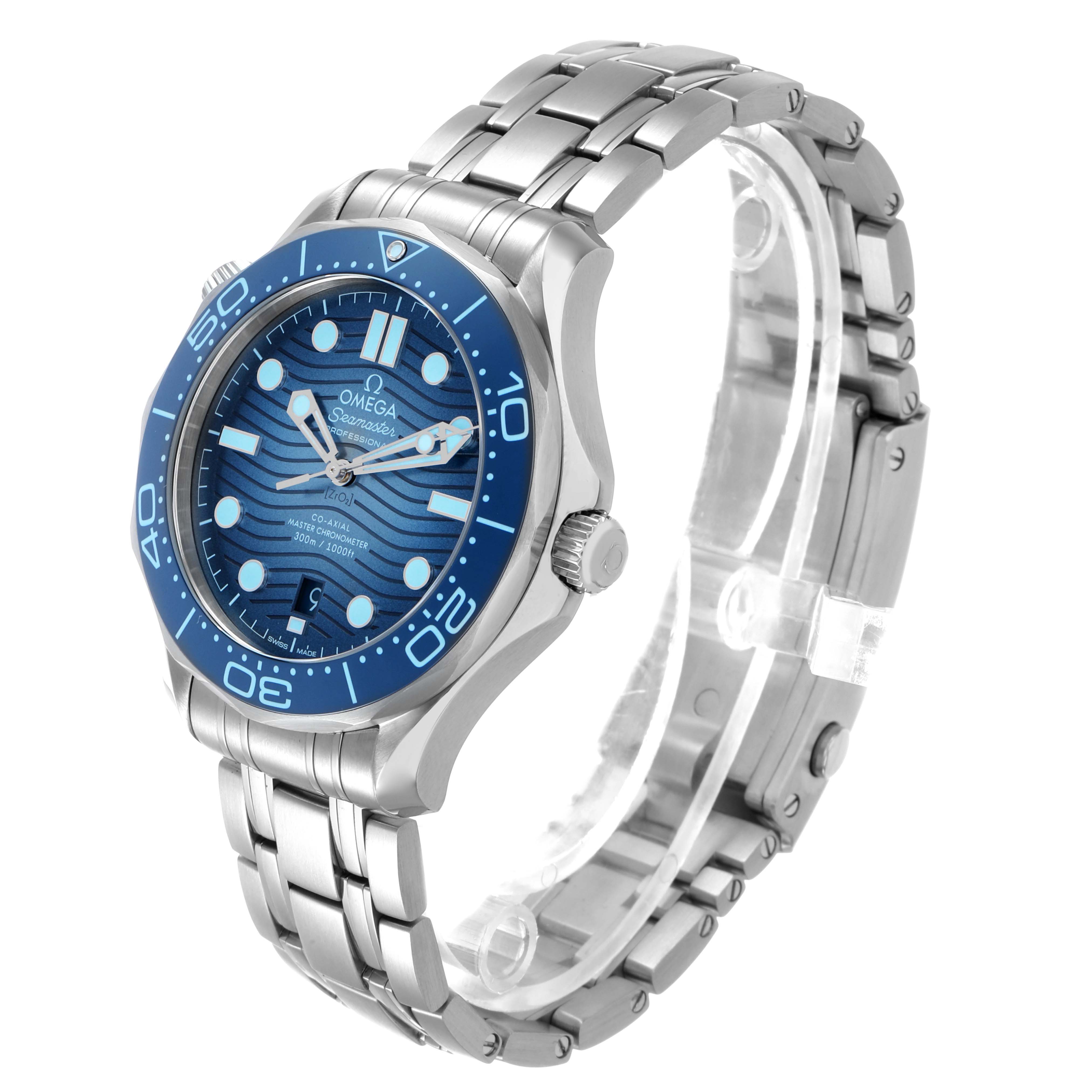 The Omega Seamaster 210.30.42.20.03.003 Men's Stainless Steel Blue Dial watch is shown at a three-quarter angle, highlighting the blue dial, bezel, and metal bracelet.