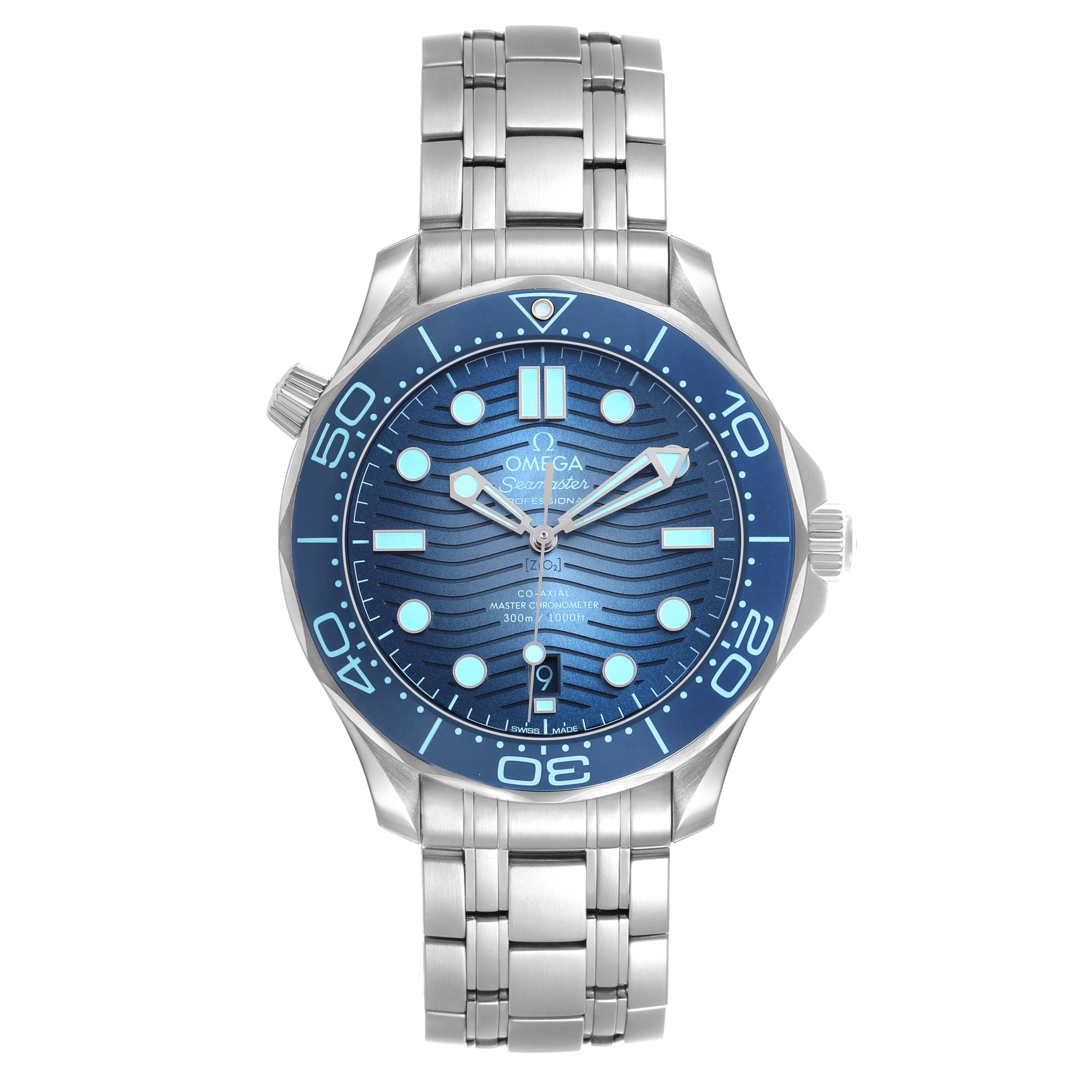 The Omega Seamaster 210.30.42.20.03.003 Men's Stainless Steel Blue Dial watch is shown from a top view, displaying the full face, dial, bezel, and bracelet.