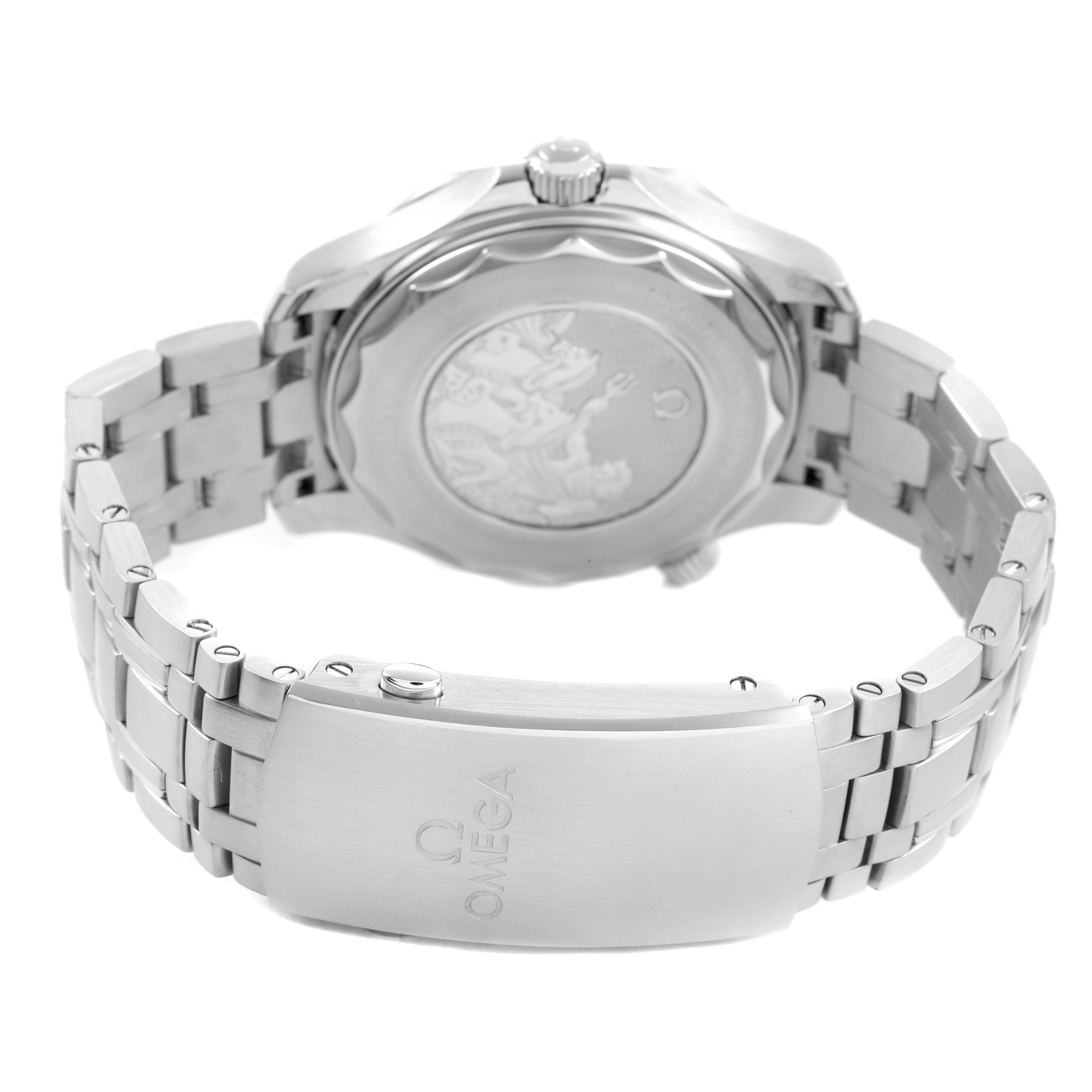 The image shows the back and clasp of an Omega Seamaster 210.30.42.20.03.003 Men's Stainless Steel Blue Dial watch, highlighting its bracelet and engraved case back.