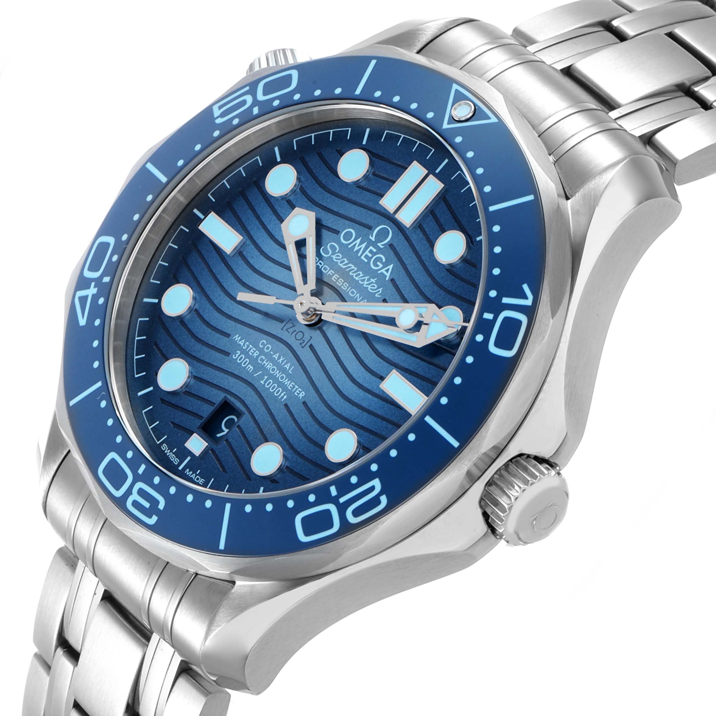 The Omega Seamaster 210.30.42.20.03.003 Men's Stainless Steel Blue Dial watch is shown at a three-quarter angle, highlighting the dial, bezel, and part of the bracelet.
