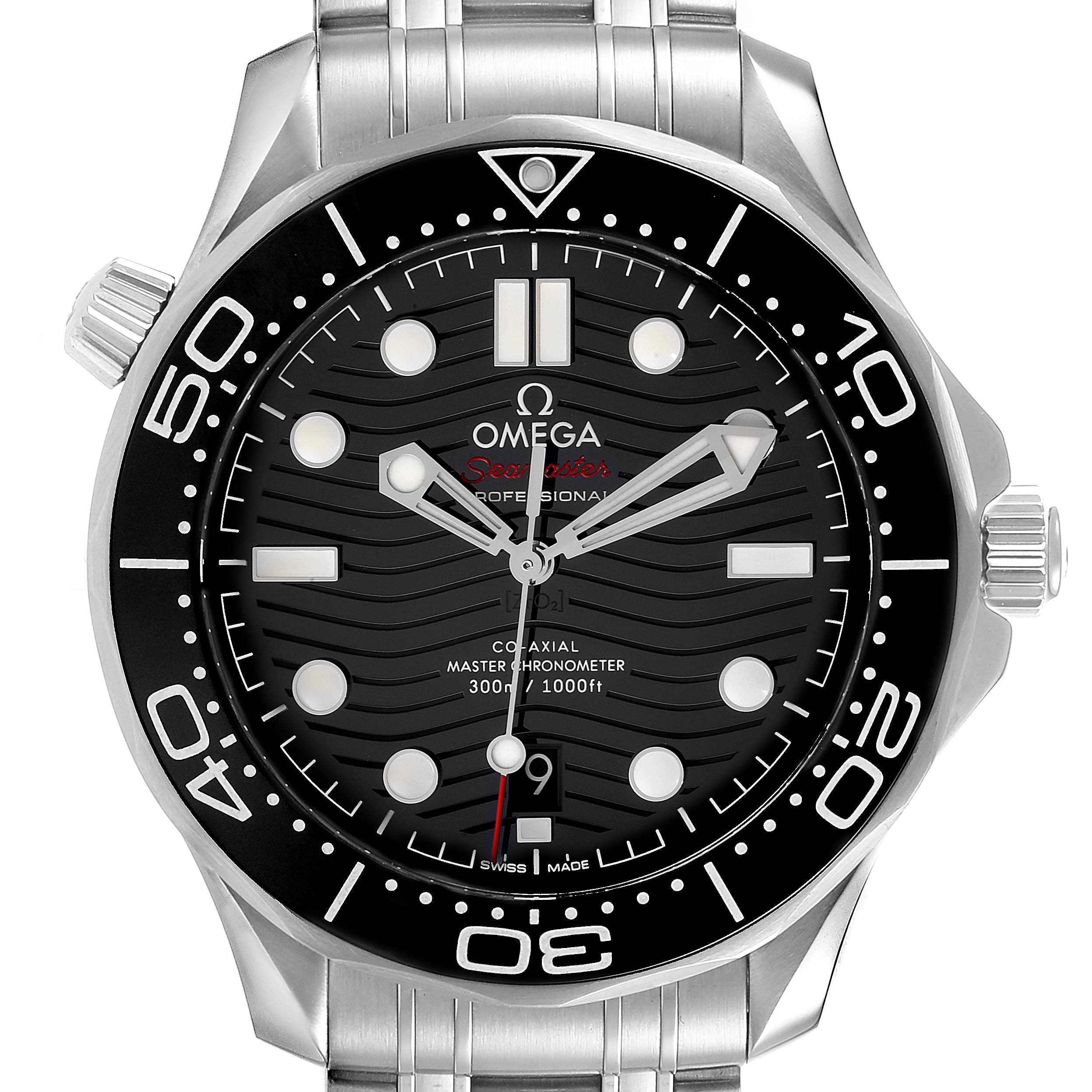 The Omega Seamaster 210.30.42.20.01.001 Men's Stainless Steel Black Dial 210.30.42.20.01.001 Men's Stainless Steel Black Dial watch is shown straight-on, highlighting the face, bezel, and part of the bracelet.