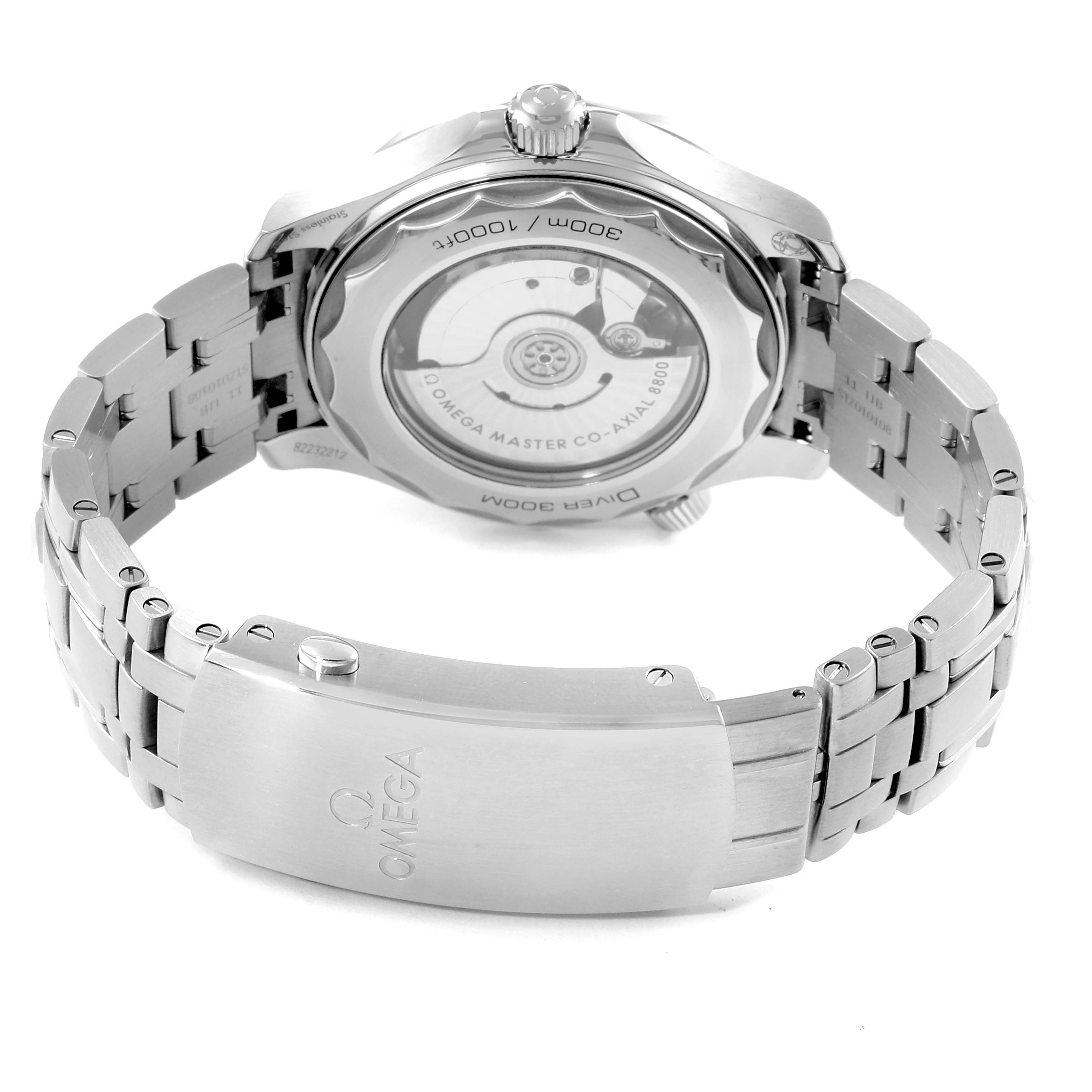 The image shows the back of an Omega Seamaster 210.30.42.20.01.001 Men's Stainless Steel Black Dial 210.30.42.20.01.001 Men's Stainless Steel Black Dial watch, highlighting the case back, bracelet, and clasp.