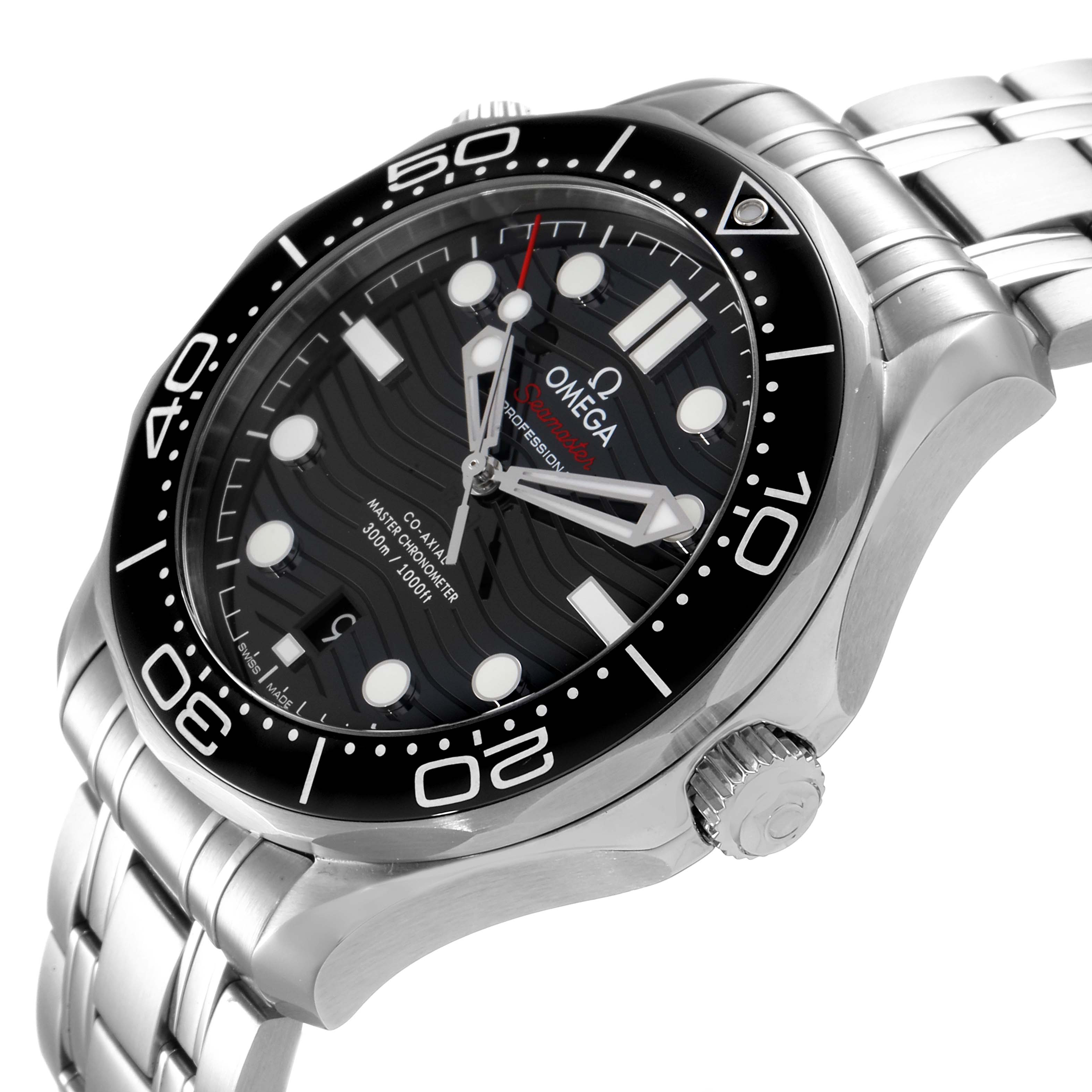 The image shows a side angle of the Omega Seamaster 210.30.42.20.01.001 Men's Stainless Steel Black Dial 210.30.42.20.01.001 Men's Stainless Steel Black Dial watch, highlighting the face, crown, bezel, and part of the bracelet.