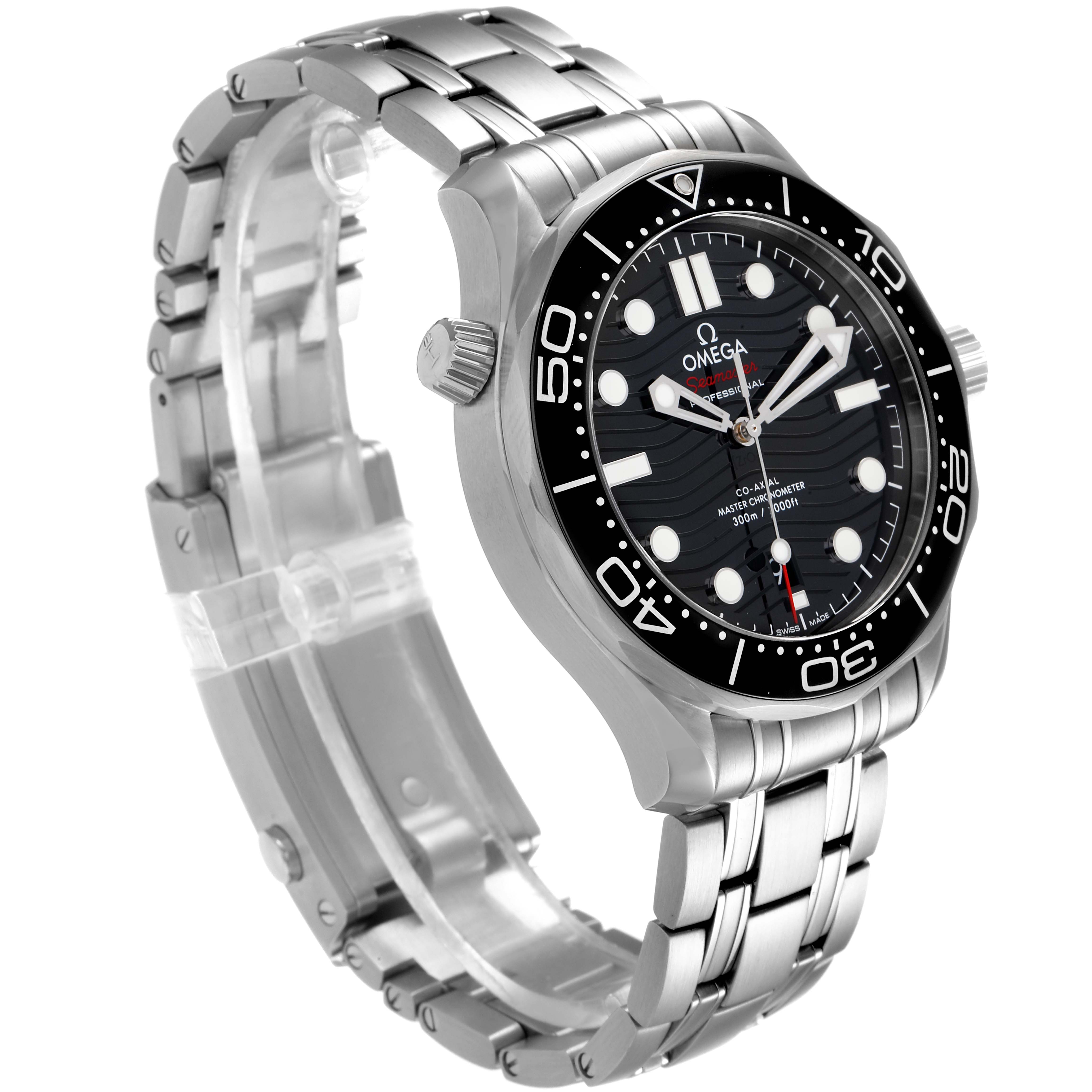 This Omega Seamaster 210.30.42.20.01.001 Men's Stainless Steel Black Dial 210.30.42.20.01.001 Men's Stainless Steel Black Dial watch is shown from a three-quarter angle, highlighting the dial, bezel, crown, and metal bracelet.