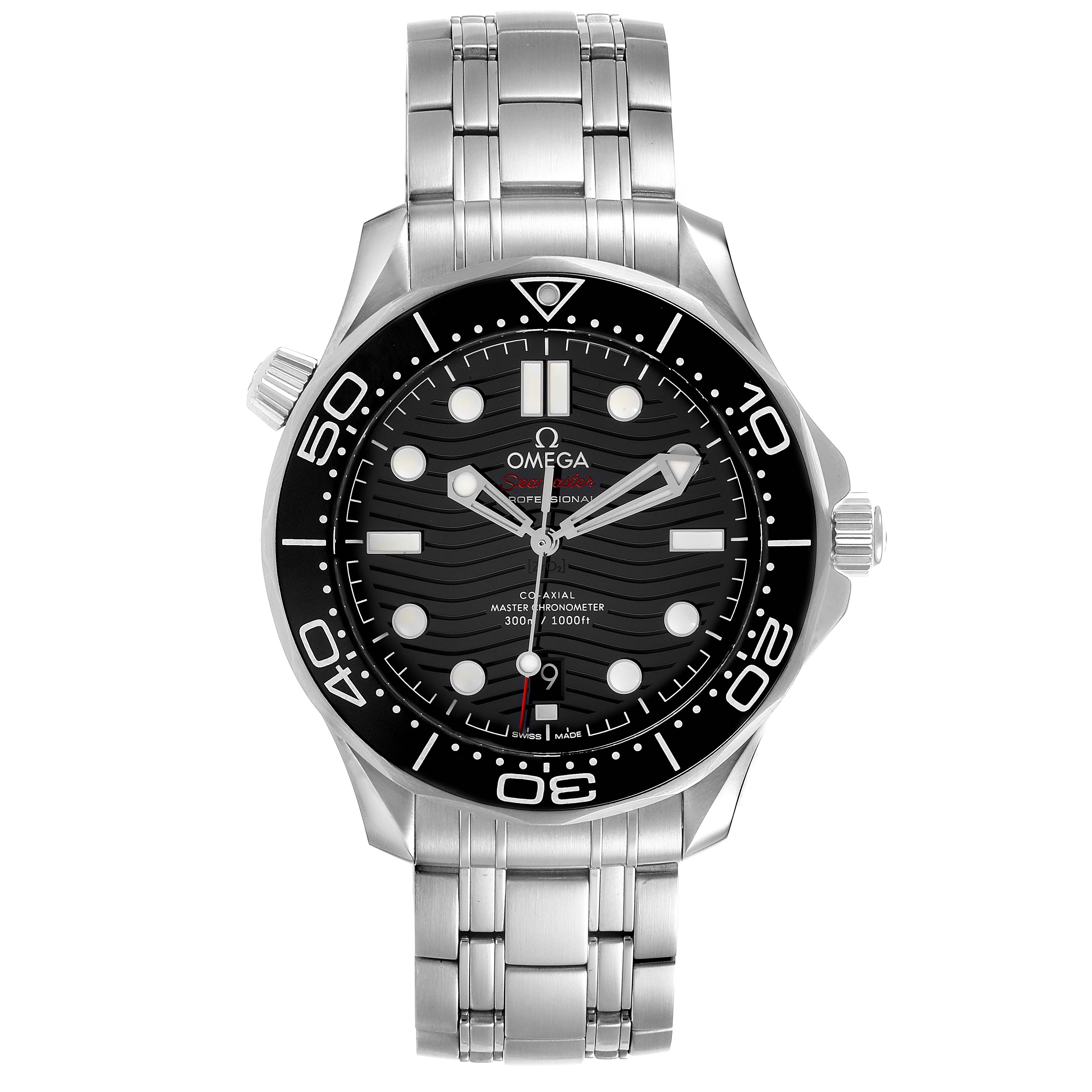 This image shows a front view of the Omega Seamaster 210.30.42.20.01.001 Men's Stainless Steel Black Dial 210.30.42.20.01.001 Men's Stainless Steel Black Dial watch with its stainless steel bracelet, bezel, and dial clearly visible.