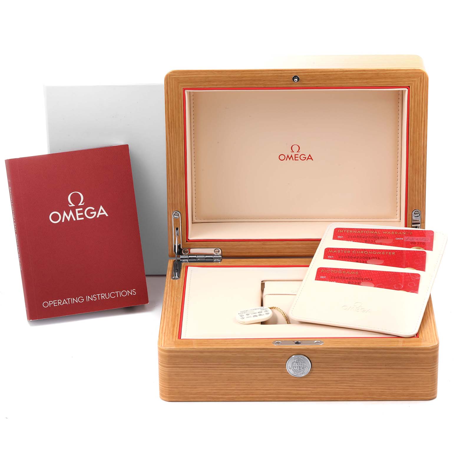 The image shows the packaging accessories for an Omega Seamaster 210.30.42.20.01.001 Men's Stainless Steel Black Dial 210.30.42.20.01.001 Men's Stainless Steel Black Dial watch including its box, operating instructions, and warranty cards.
