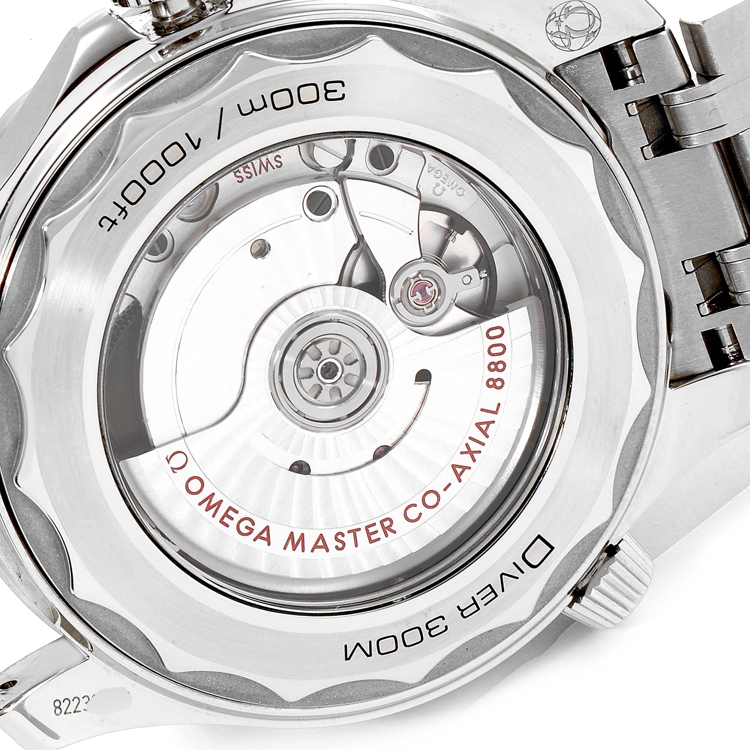 The image shows the back view of an Omega Seamaster 210.30.42.20.01.001 Men's Stainless Steel Black Dial 210.30.42.20.01.001 Men's Stainless Steel Black Dial watch, revealing its Co-Axial 8800 movement and parts of the bracelet.