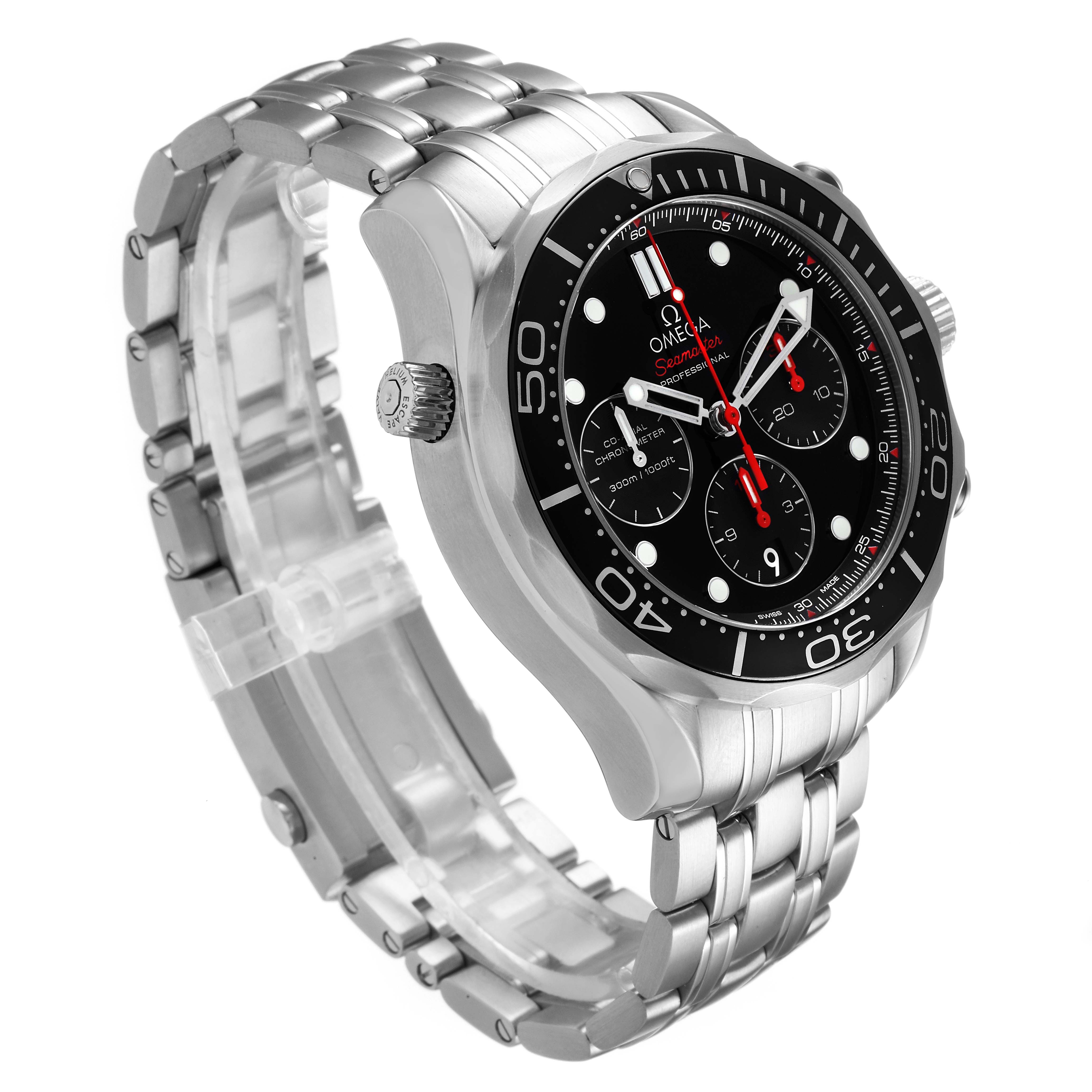 This Omega Seamaster 212.30.44.50.01.001 Men
s Stainless Steel Black Dial 212.30.44.50.01.001 Men
s Stainless Steel Black Dial watch is displayed at an angle showing the face, bezel, crown, and metal bracelet.