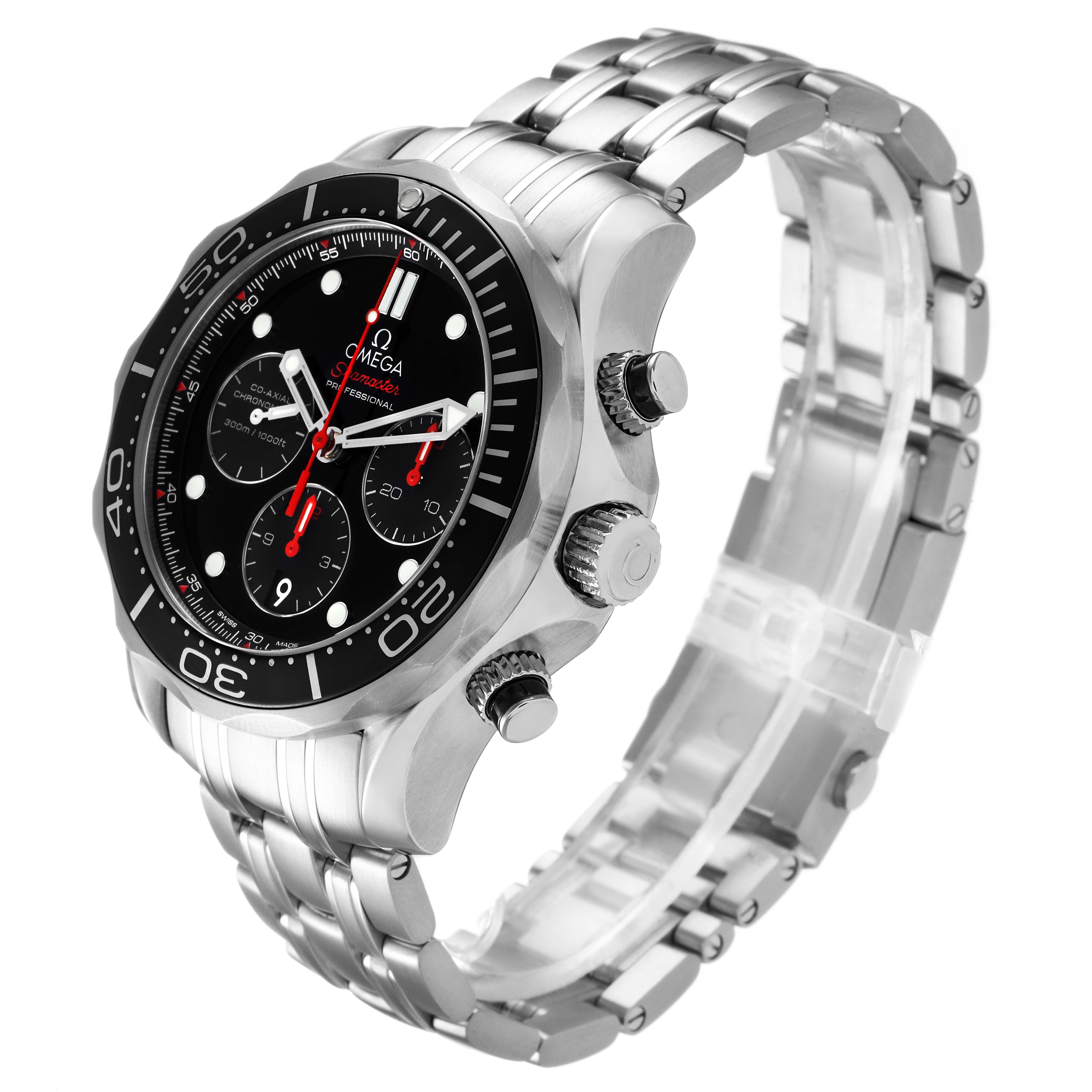 The Omega Seamaster 212.30.44.50.01.001 Men
s Stainless Steel Black Dial 212.30.44.50.01.001 Men
s Stainless Steel Black Dial watch is shown at a slight left-side angle, highlighting the bezel, face, crown, pushers, and metal bracelet.