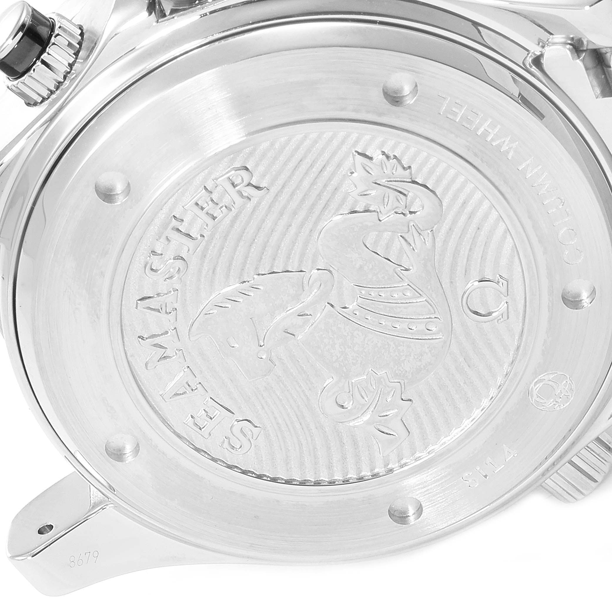 The image shows the case back of an Omega Seamaster 212.30.44.50.01.001 Men
s Stainless Steel Black Dial 212.30.44.50.01.001 Men
s Stainless Steel Black Dial watch at a slight angle, featuring engraved details and the crown.