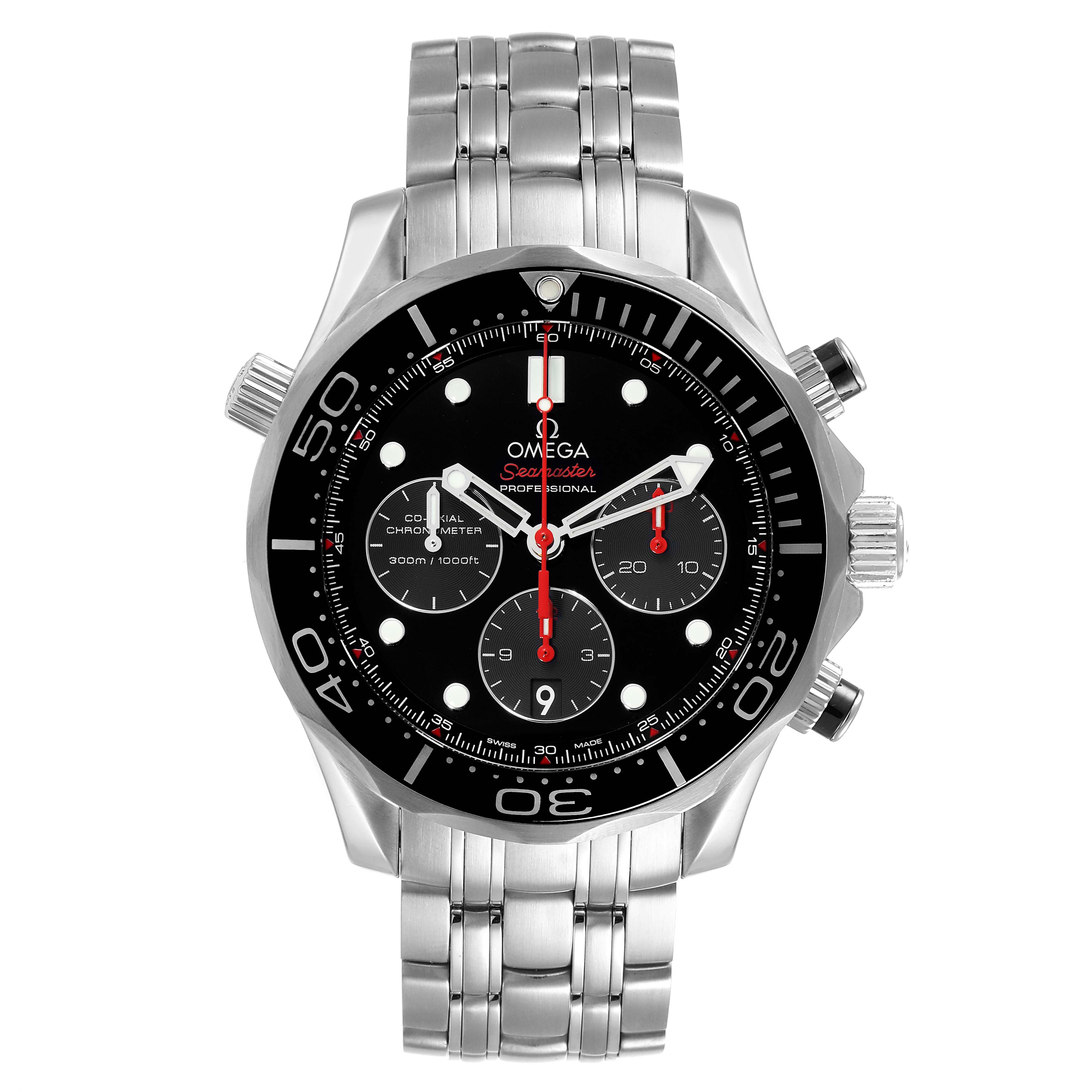 The image shows a front view of the Omega Seamaster 212.30.44.50.01.001 Men
s Stainless Steel Black Dial 212.30.44.50.01.001 Men
s Stainless Steel Black Dial watch, showcasing its dial, bezel, chronograph subdials, and bracelet.
