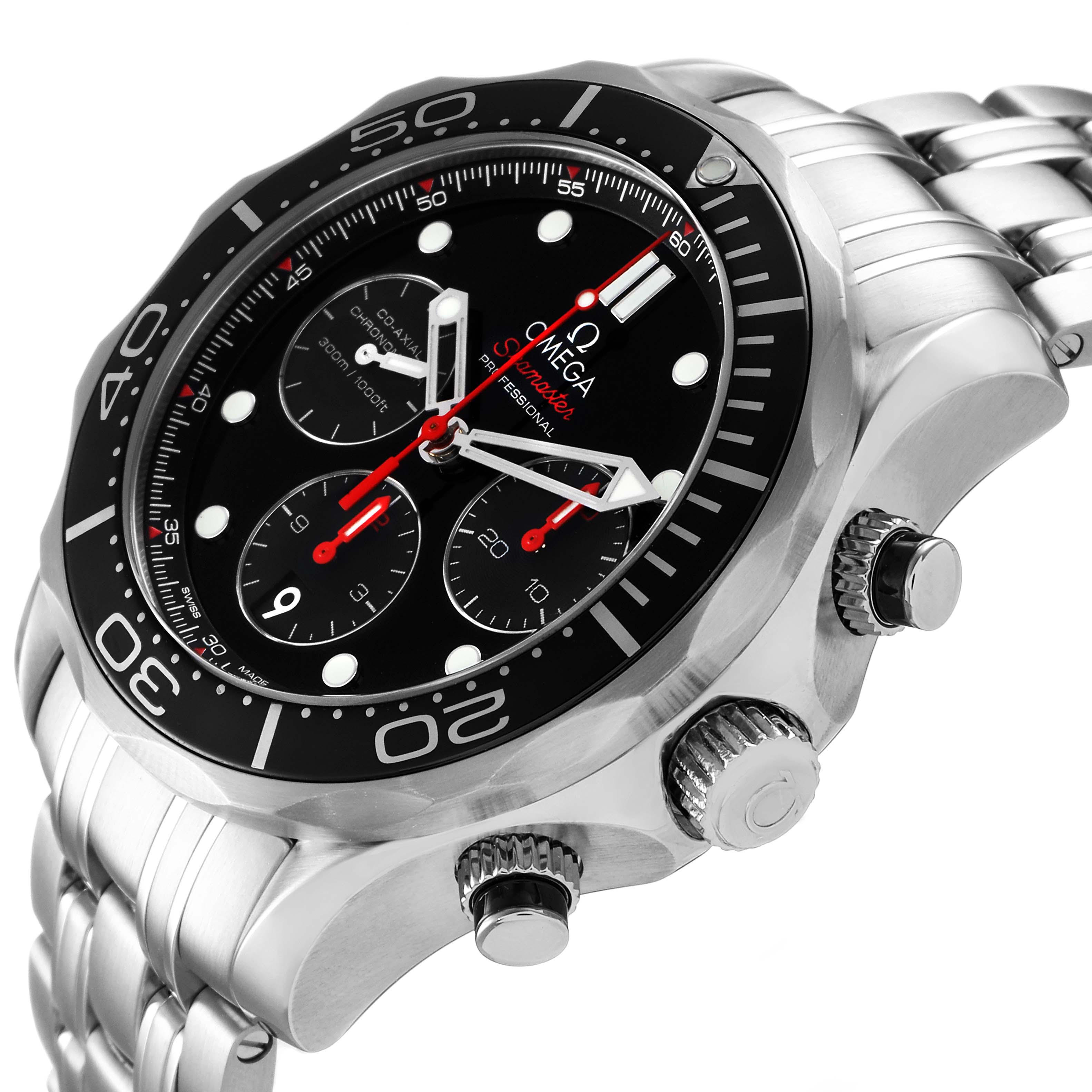 This Omega Seamaster 212.30.44.50.01.001 Men
s Stainless Steel Black Dial 212.30.44.50.01.001 Men
s Stainless Steel Black Dial watch is shown from an angled close-up, highlighting the bezel, dial, and crown.