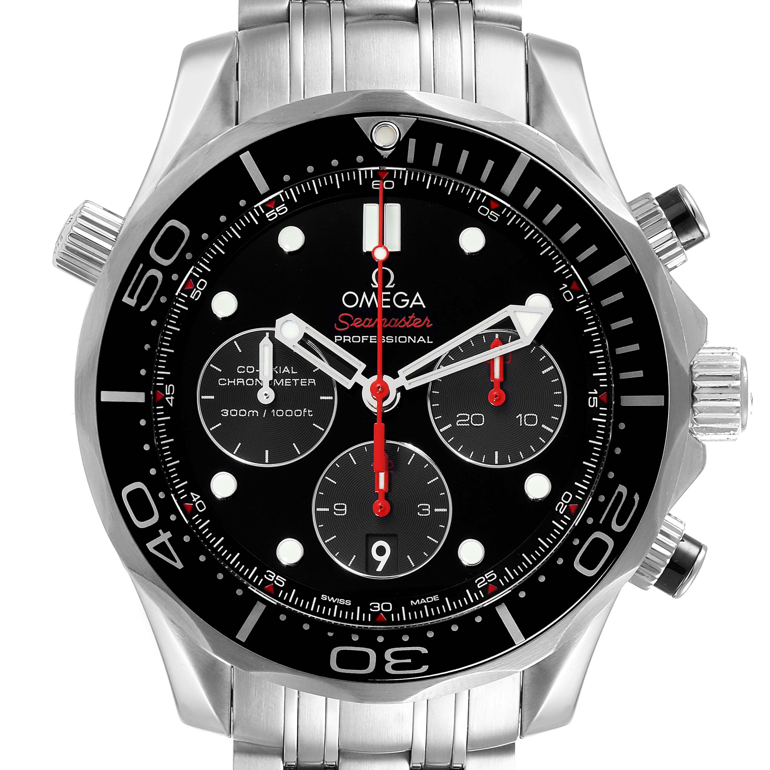 The Omega Seamaster 212.30.44.50.01.001 Men
s Stainless Steel Black Dial 212.30.44.50.01.001 Men
s Stainless Steel Black Dial watch is displayed from a front angle, showing its dial, bezel, sub-dials, and part of the bracelet.