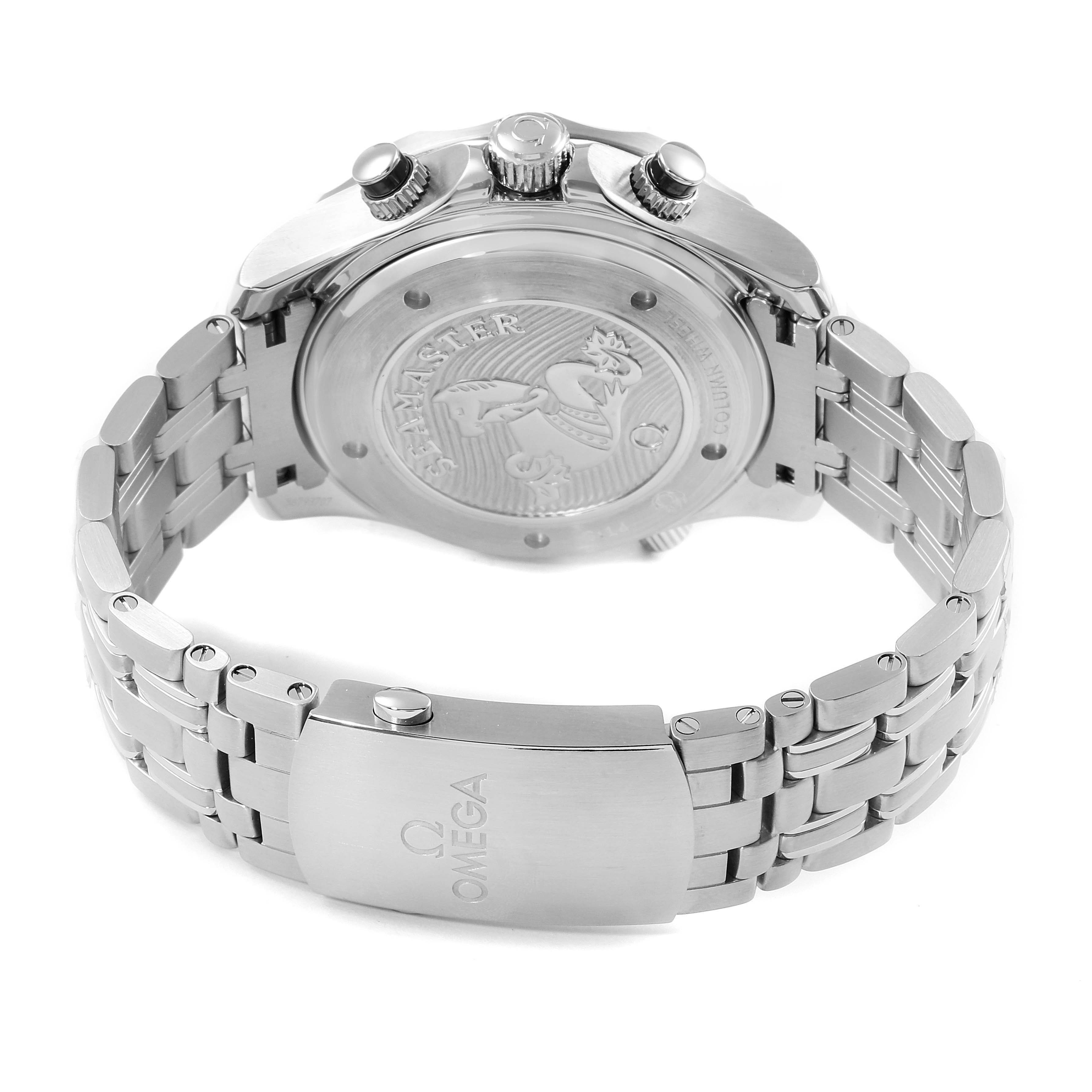 The image shows the back case and stainless steel bracelet of the Omega Seamaster 212.30.44.50.01.001 Men
s Stainless Steel Black Dial 212.30.44.50.01.001 Men
s Stainless Steel Black Dial watch.