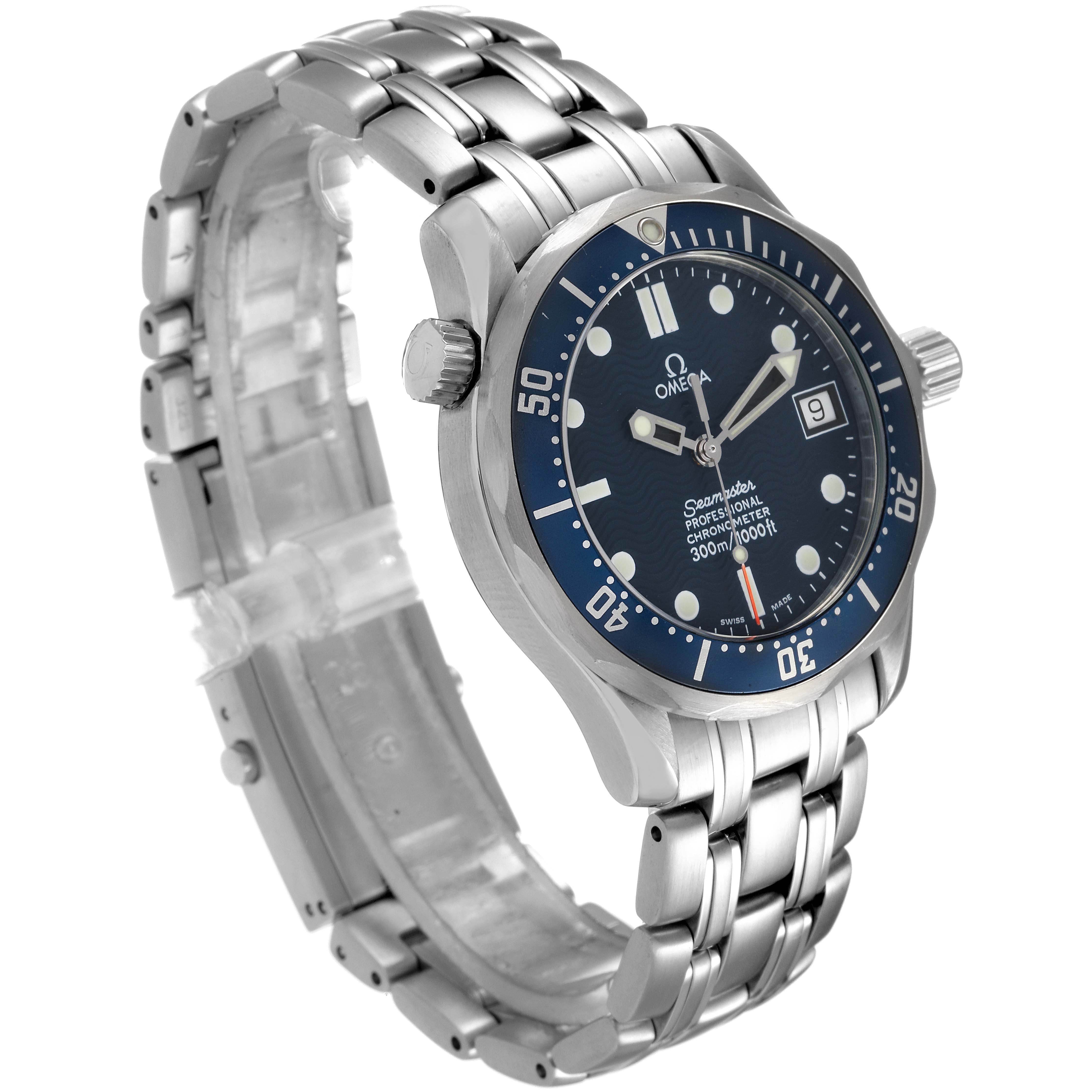 The image shows an Omega Seamaster 2551.80.00 Men
s Stainless Steel Blue Dial 2551.80.00 Men
s Stainless Steel Blue Dial watch at an angle, highlighting its face, bezel, crown, and stainless steel bracelet.