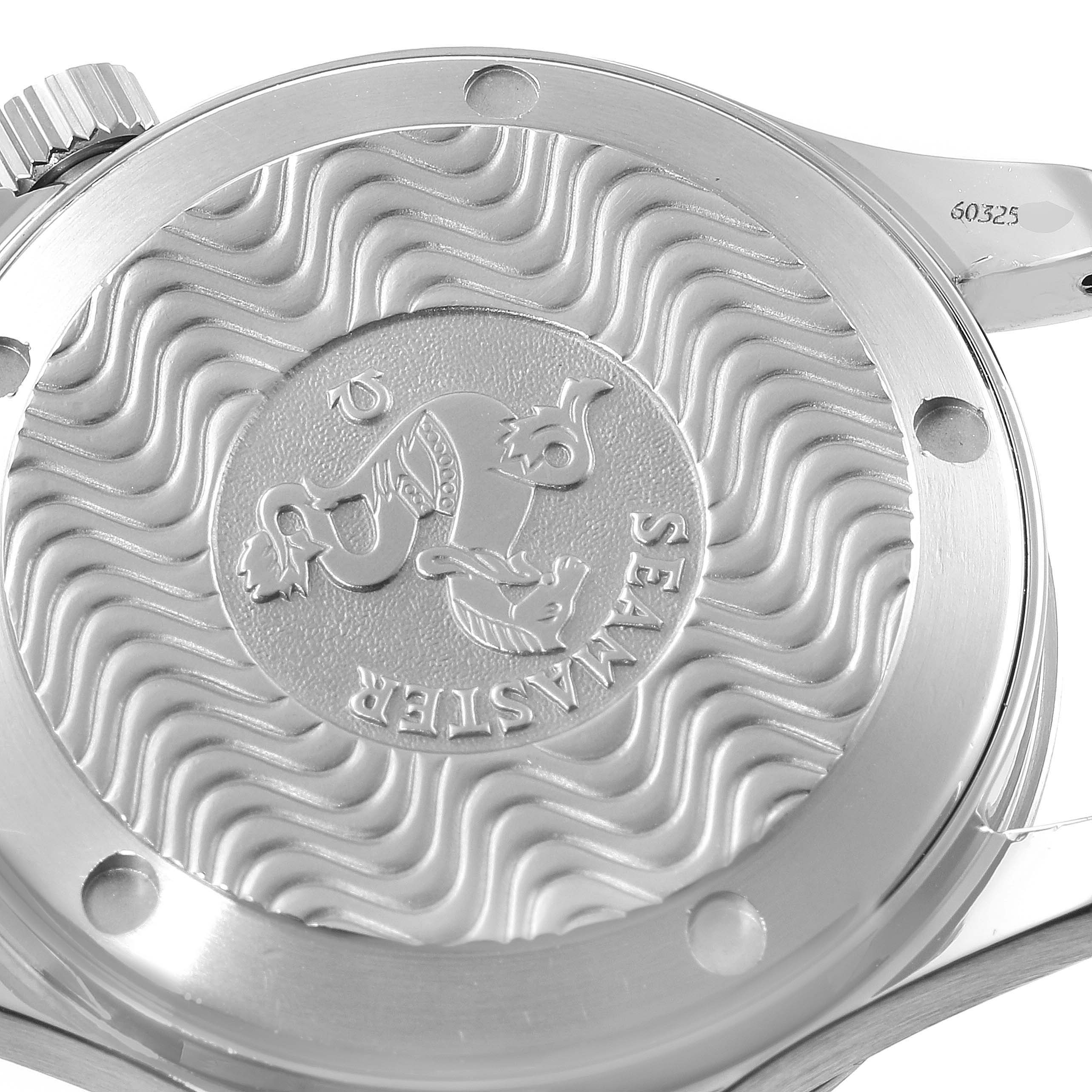 The image shows the back case of an Omega Seamaster 2551.80.00 Men
s Stainless Steel Blue Dial 2551.80.00 Men
s Stainless Steel Blue Dial watch, featuring a distinctive wave pattern and the Seamaster logo.