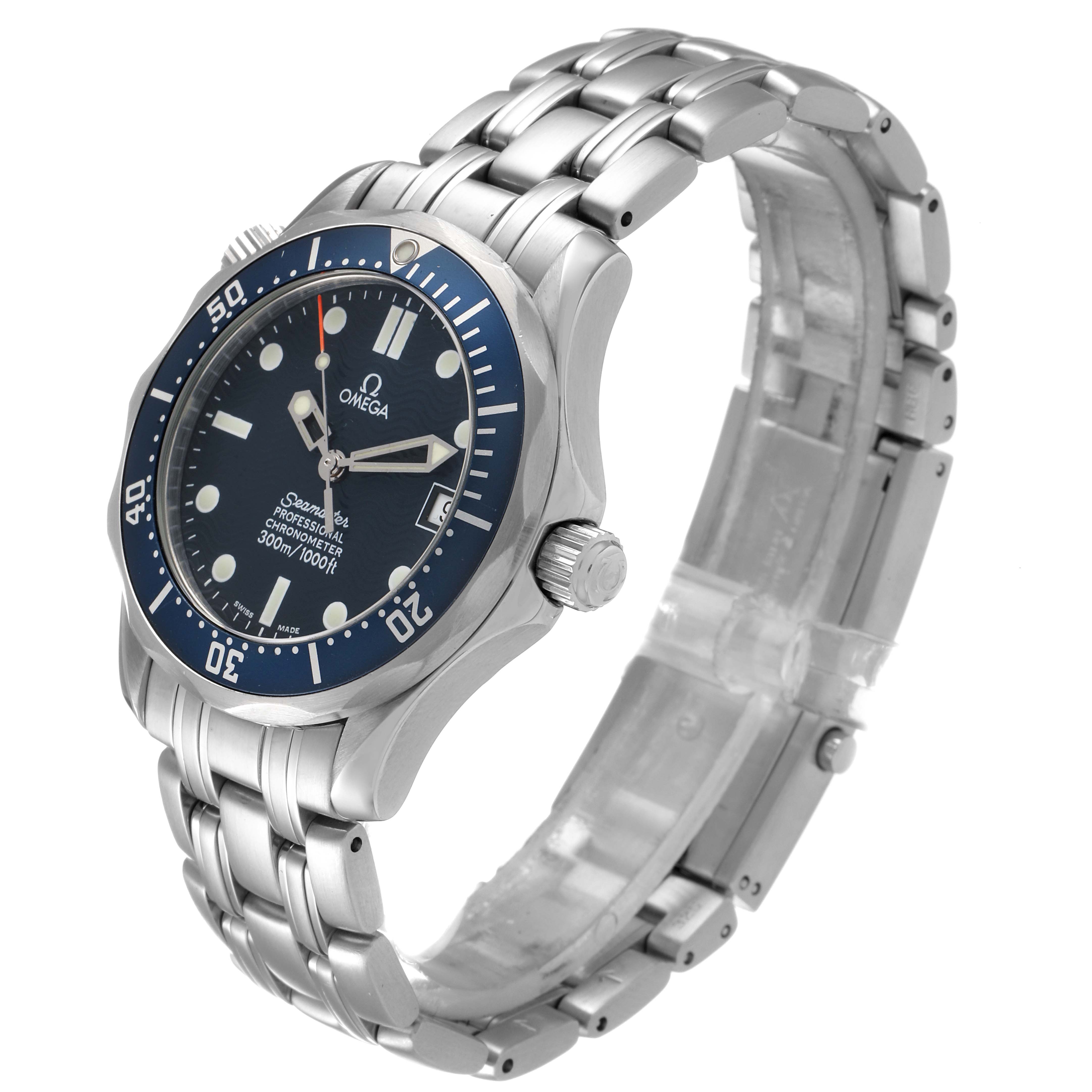 The Omega Seamaster 2551.80.00 Men
s Stainless Steel Blue Dial 2551.80.00 Men
s Stainless Steel Blue Dial watch is shown at a three-quarter angle, displaying the bezel, dial, crown, and stainless steel bracelet.