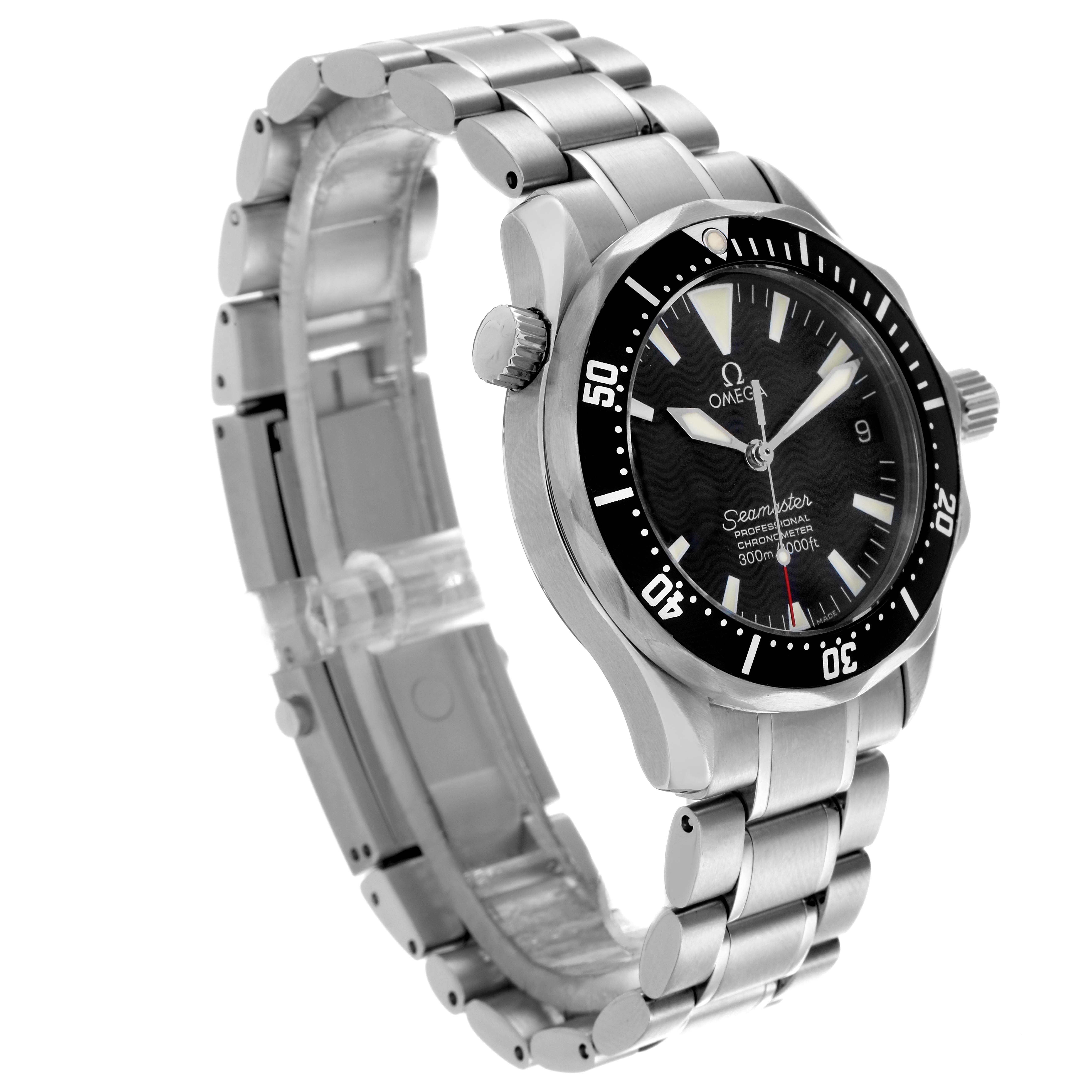 The Omega Seamaster 2252.50.00 Men
s Stainless Steel Black Dial 2252.50.00 Men
s Stainless Steel Black Dial watch is shown at a three-quarter angle, displaying the bezel, dial, bracelet, and crown.