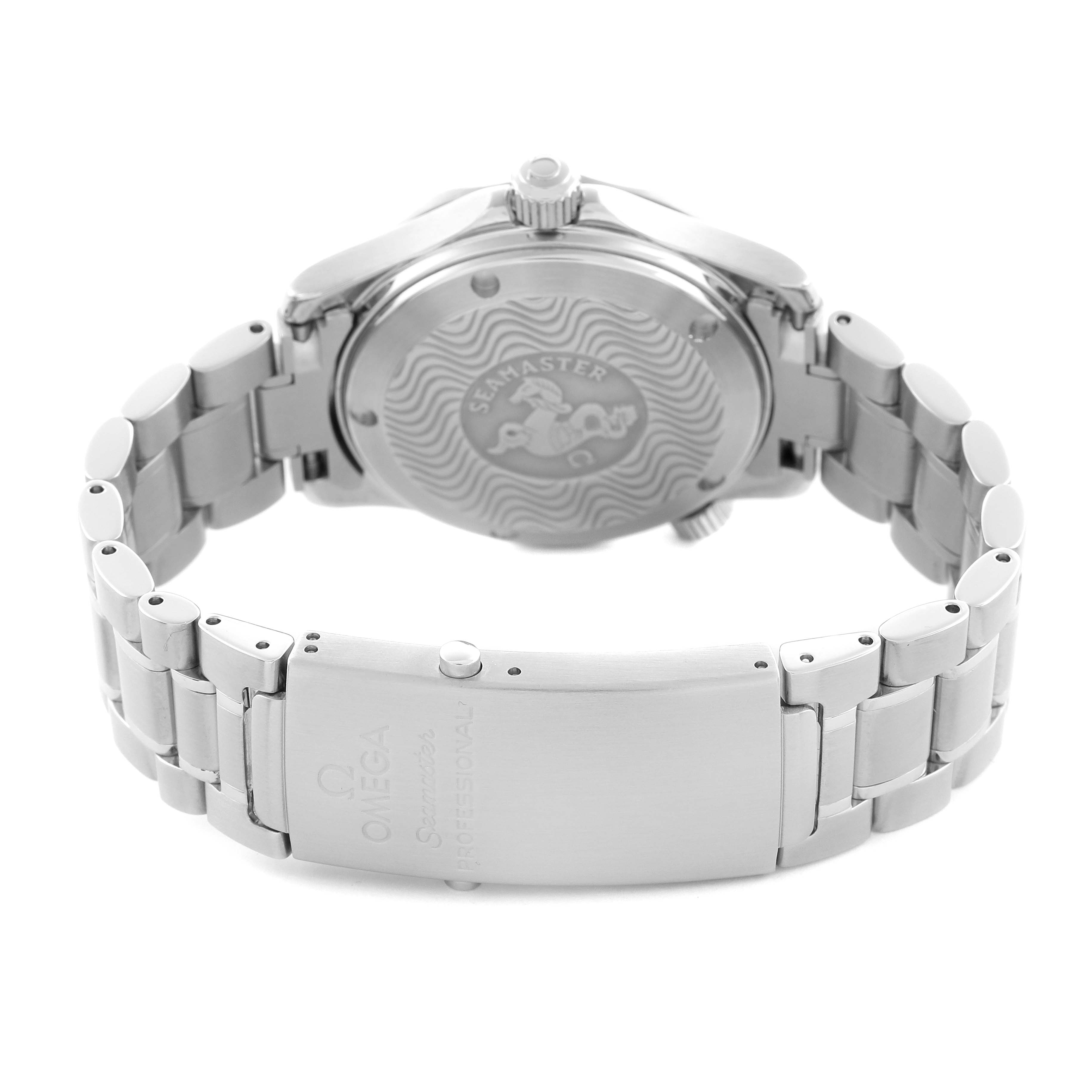 The image shows the back of an Omega Seamaster 2252.50.00 Men
s Stainless Steel Black Dial 2252.50.00 Men
s Stainless Steel Black Dial watch, highlighting its clasp, bracelet, and case back with an embossed design.