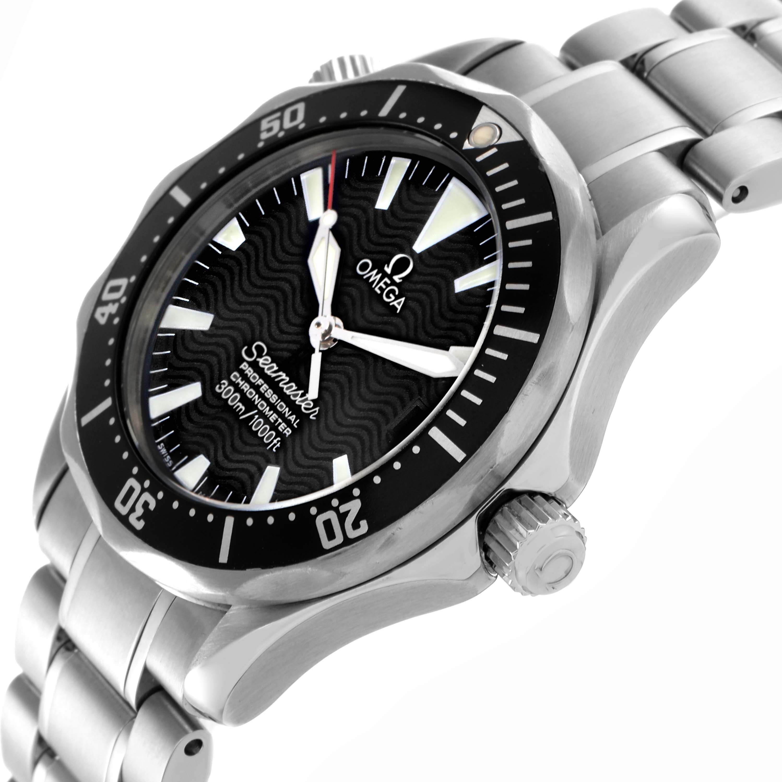 The Omega Seamaster 2252.50.00 Men
s Stainless Steel Black Dial 2252.50.00 Men
s Stainless Steel Black Dial watch is shown at an angle displaying the face, bezel, crown, and part of the bracelet.