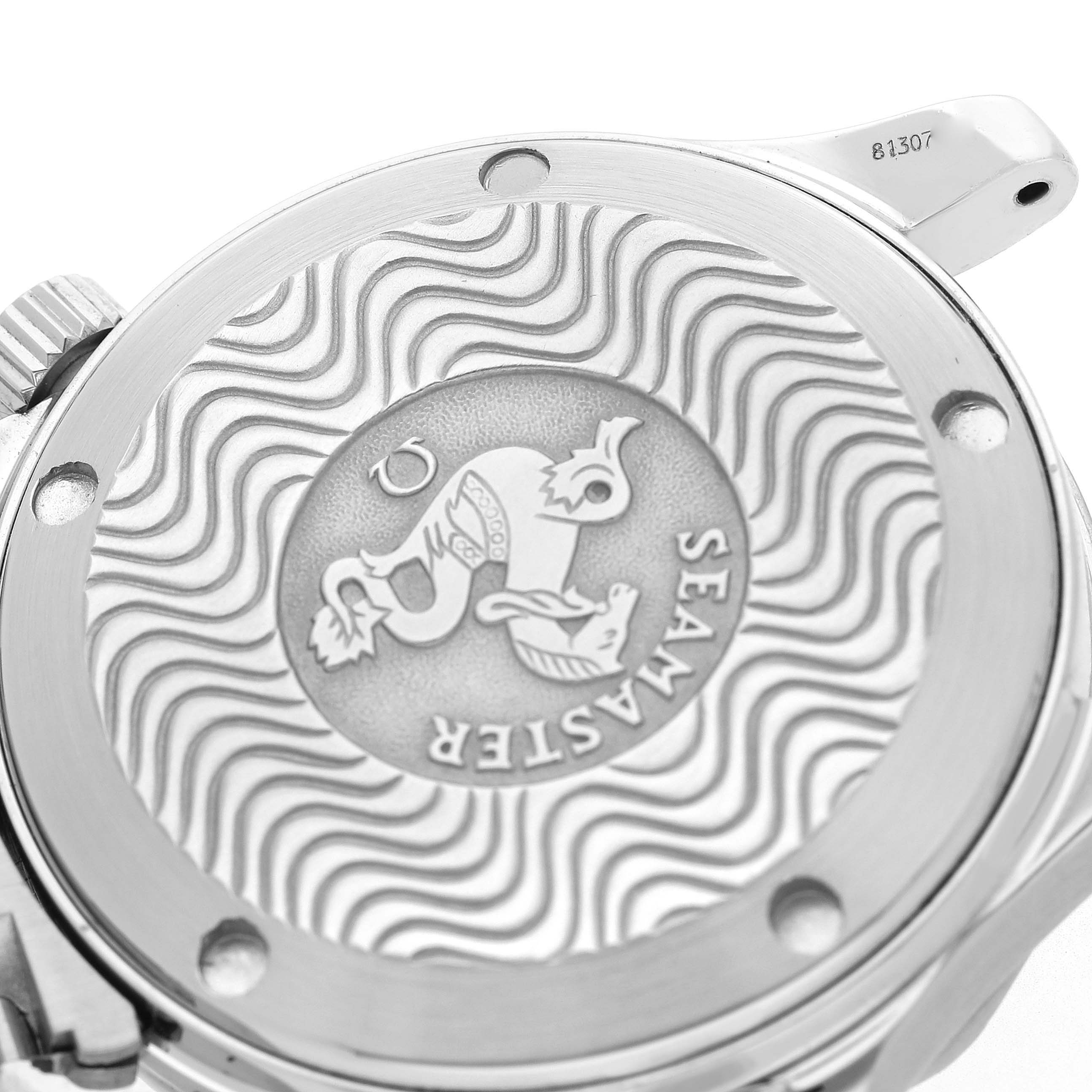 The image shows the back case of an Omega Seamaster 2252.50.00 Men
s Stainless Steel Black Dial 2252.50.00 Men
s Stainless Steel Black Dial watch, featuring the emblem and wave pattern.