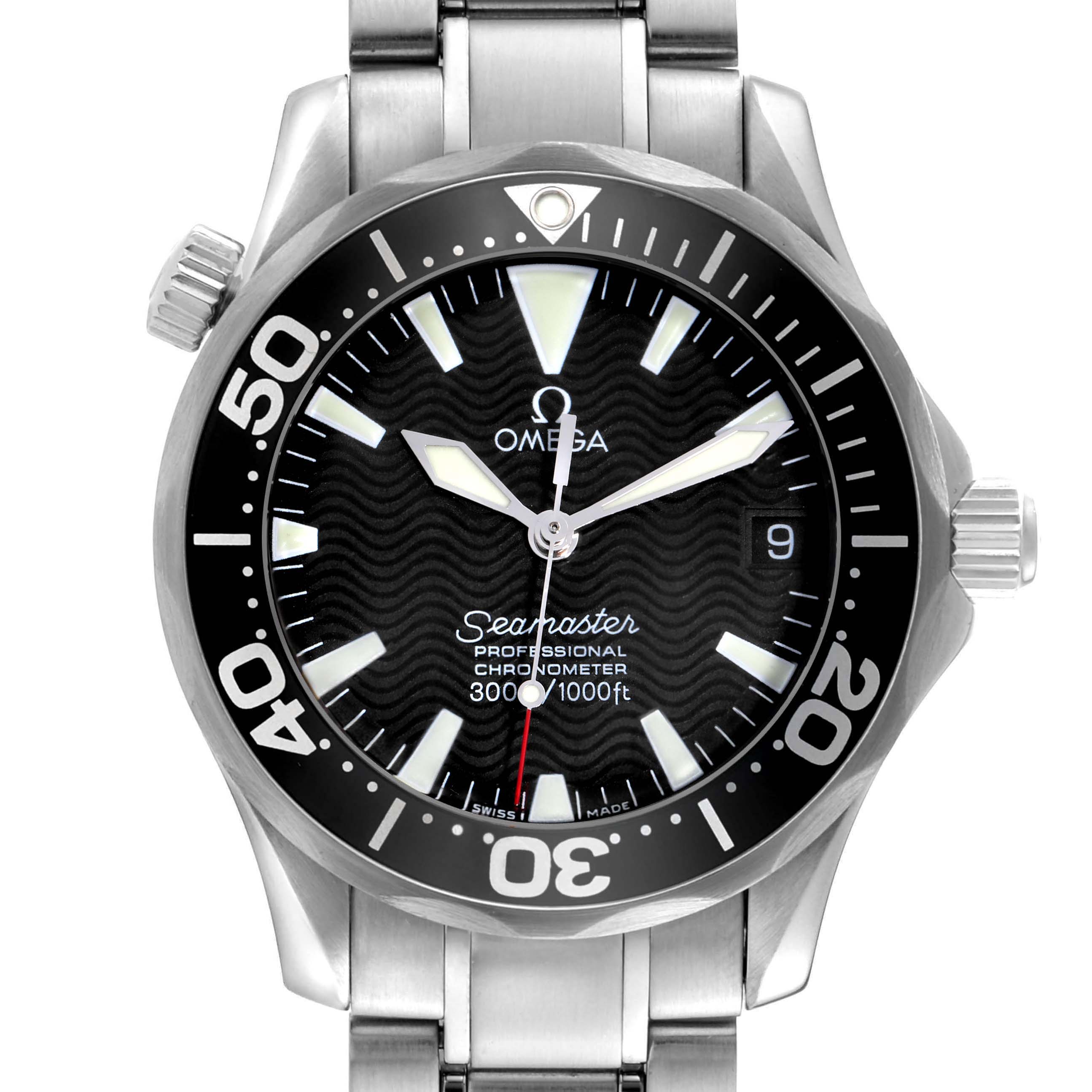 The Omega Seamaster 2252.50.00 Men
s Stainless Steel Black Dial 2252.50.00 Men
s Stainless Steel Black Dial watch is shown from the front, highlighting its bezel, dial, and stainless steel bracelet.