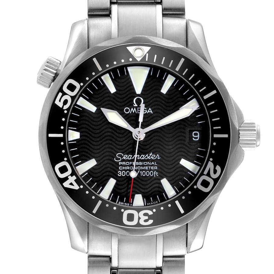 The Omega Seamaster watch is shown from the front, highlighting its bezel, dial, and stainless steel bracelet.